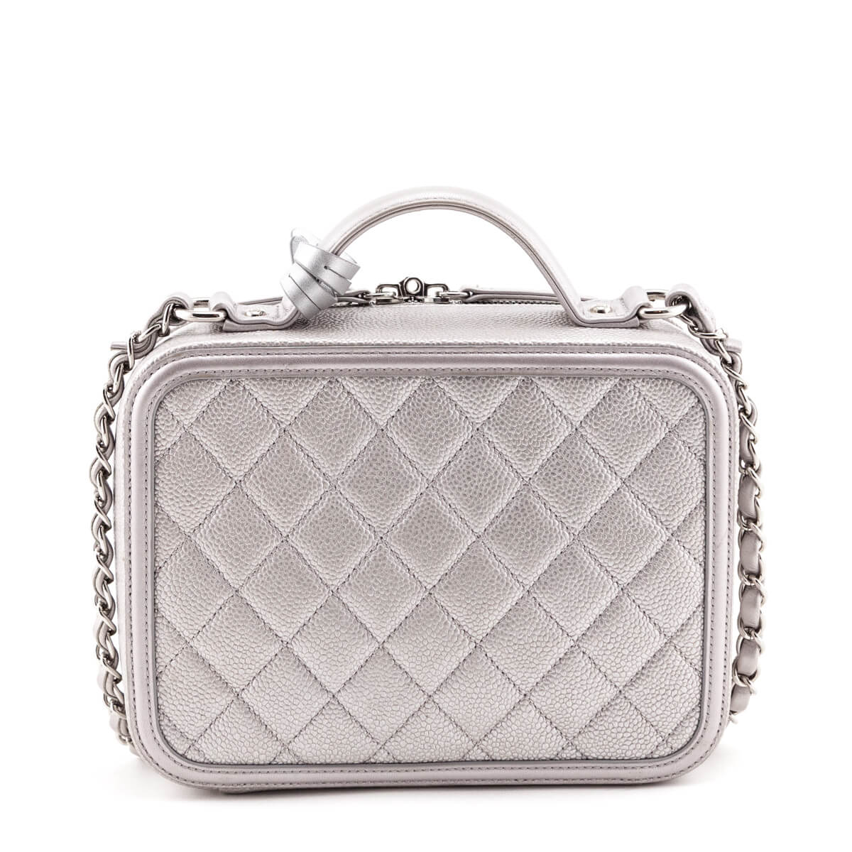 Chanel Metallic Silver Caviar Quilted Medium CC Filigree Vanity Case