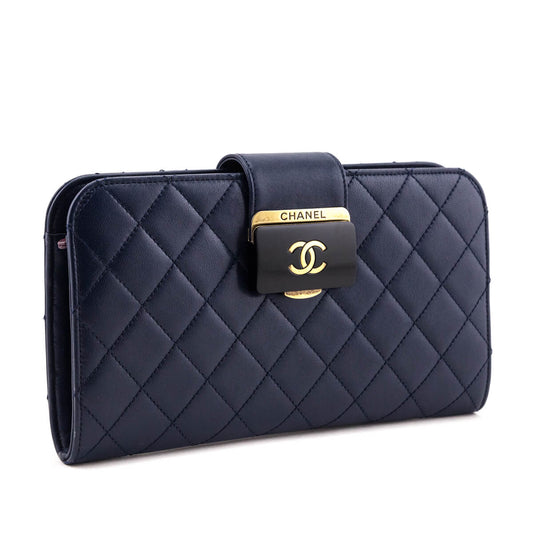 Chanel Navy Quilted Sheepskin Beauty Lock Clutch