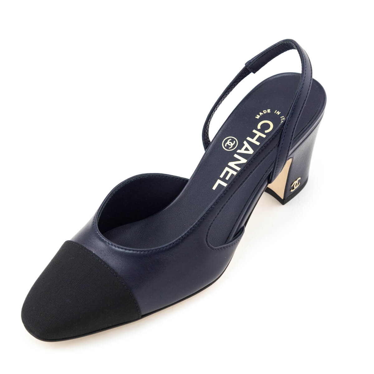 Chanel Navy Leather & Black Cap Toe CC Slingback Pumps Size US 6 | EU 36