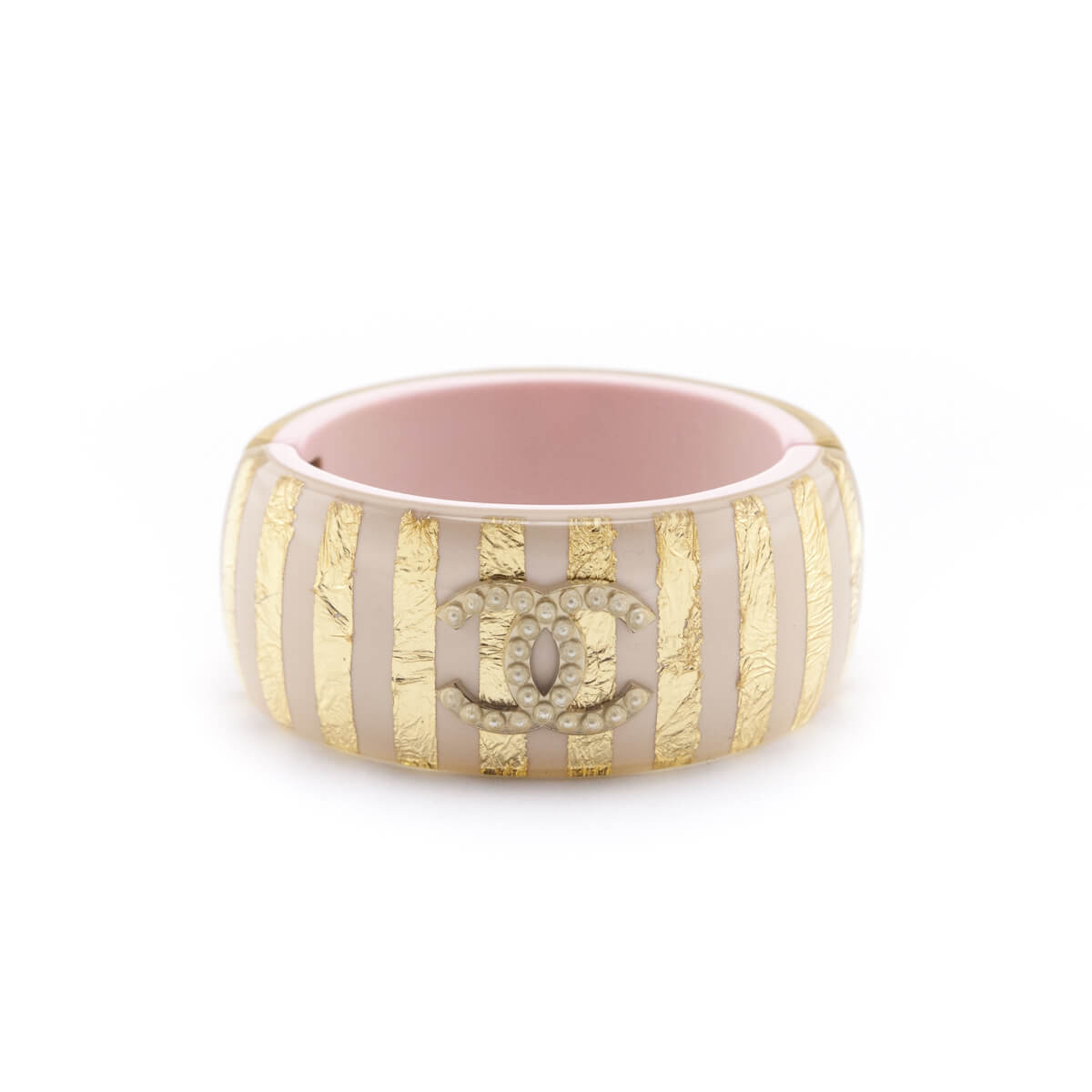 Chanel Pink & Gold Striped Resin & Faux Pearl CC Hinged Bracelet