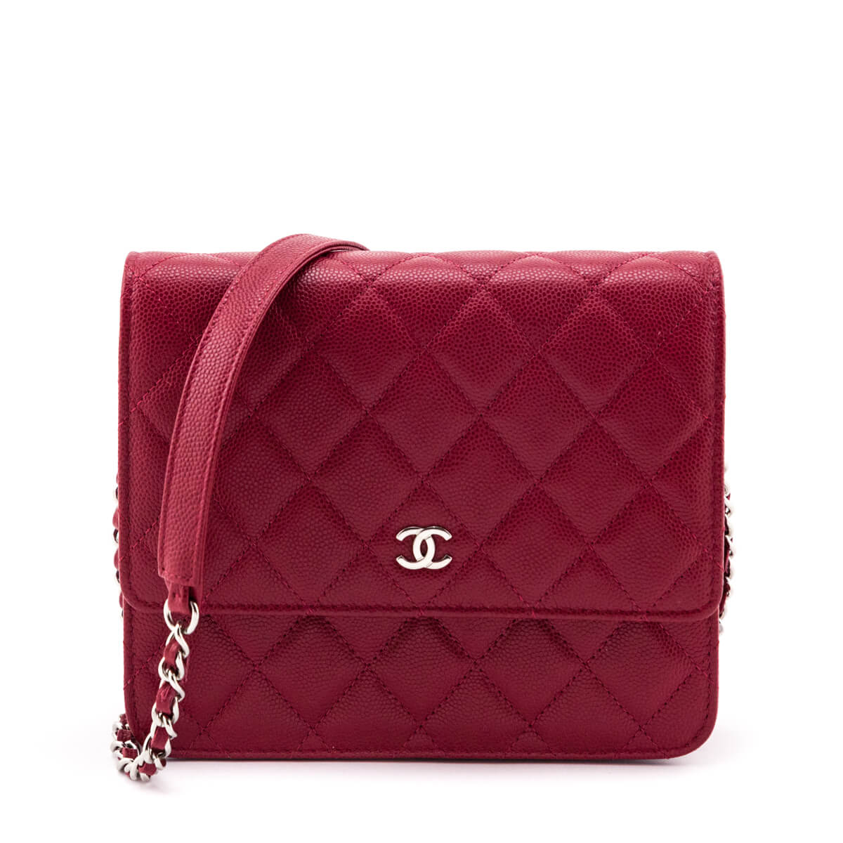 Chanel Red Quilted Caviar Clutch With Chain