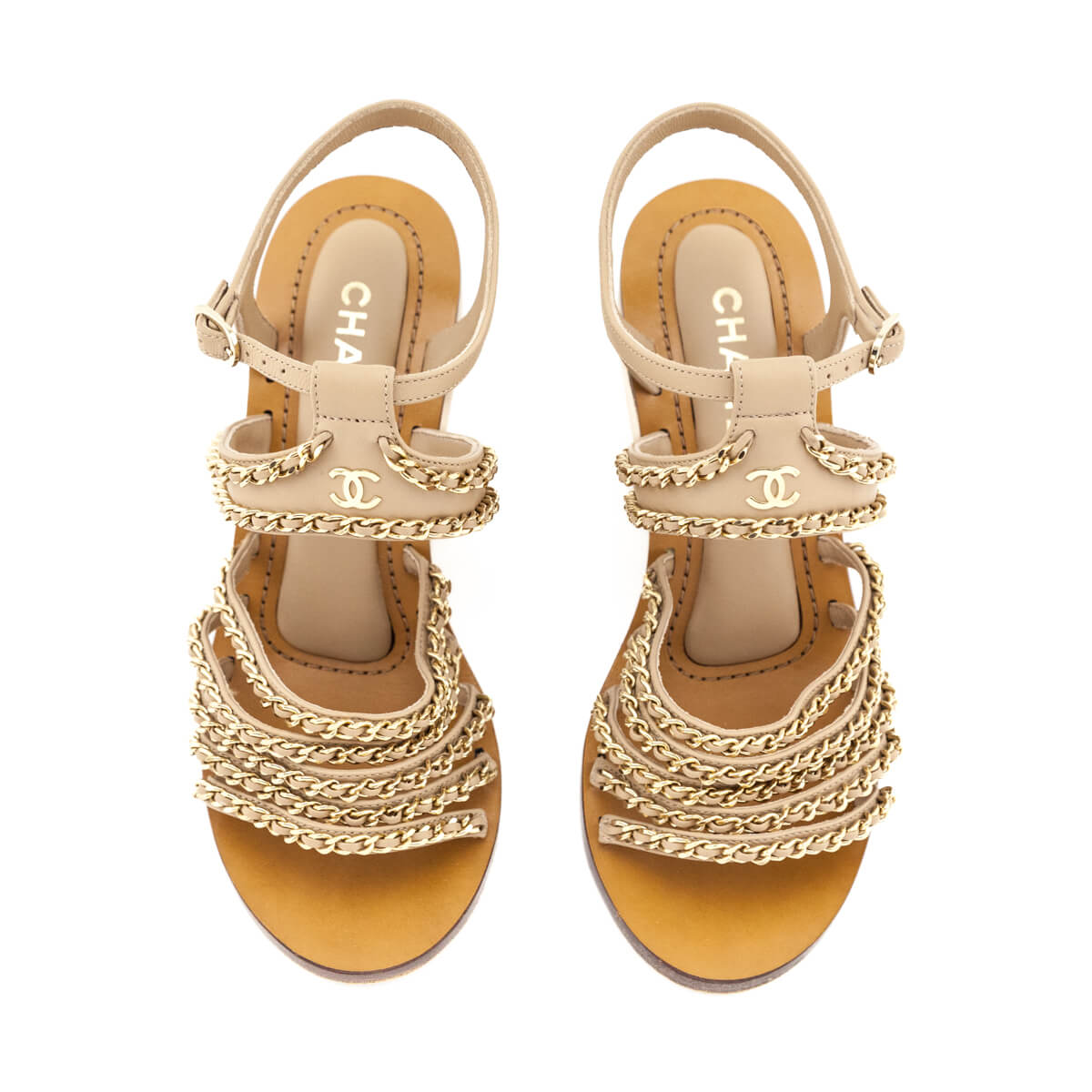Chanel Tan Chain Accent CC Wedge Sandals Size US 7  | EU 37