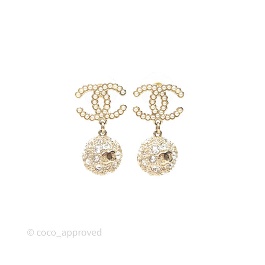 Chanel Crystal Pearl CC Drop Earrings Gold Tone Pearly White 21K