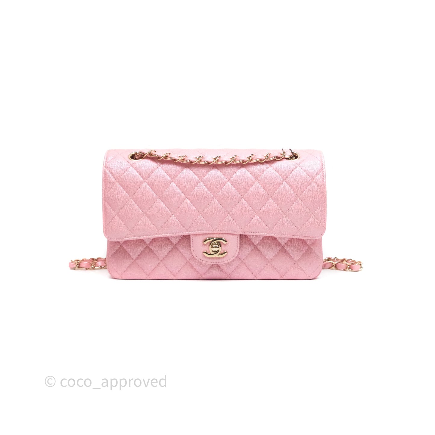 Chanel Quilted Classic M/L Medium Flap Iridescent Pink Caviar Gold Hardware 19S