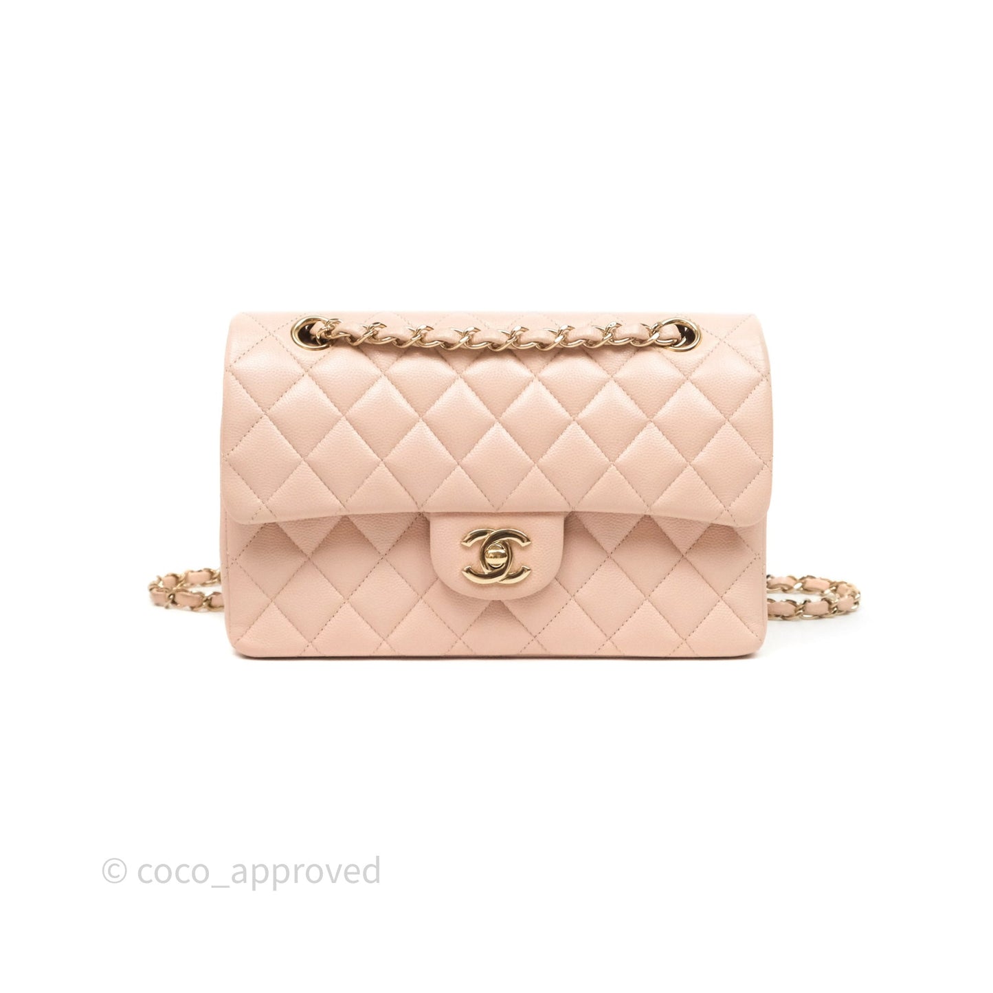 Chanel Small Classic Flap Quilted Rose Clair Caviar Gold Hardware
