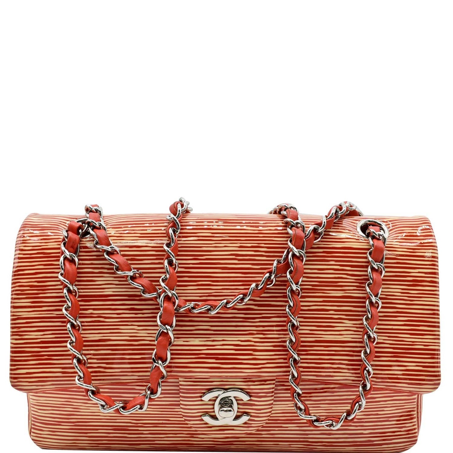 Luxury Chanel Women Classic Medium Double Flap Striped Patent Leather Shoulder Bag White/Red