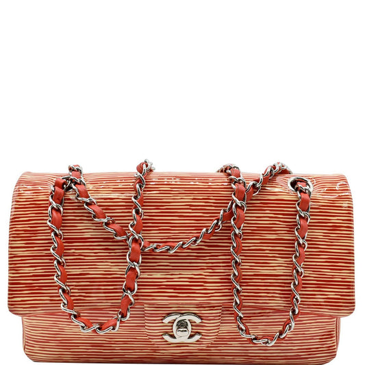 Luxury Chanel Women Classic Medium Double Flap Striped Patent Leather Shoulder Bag White/Red