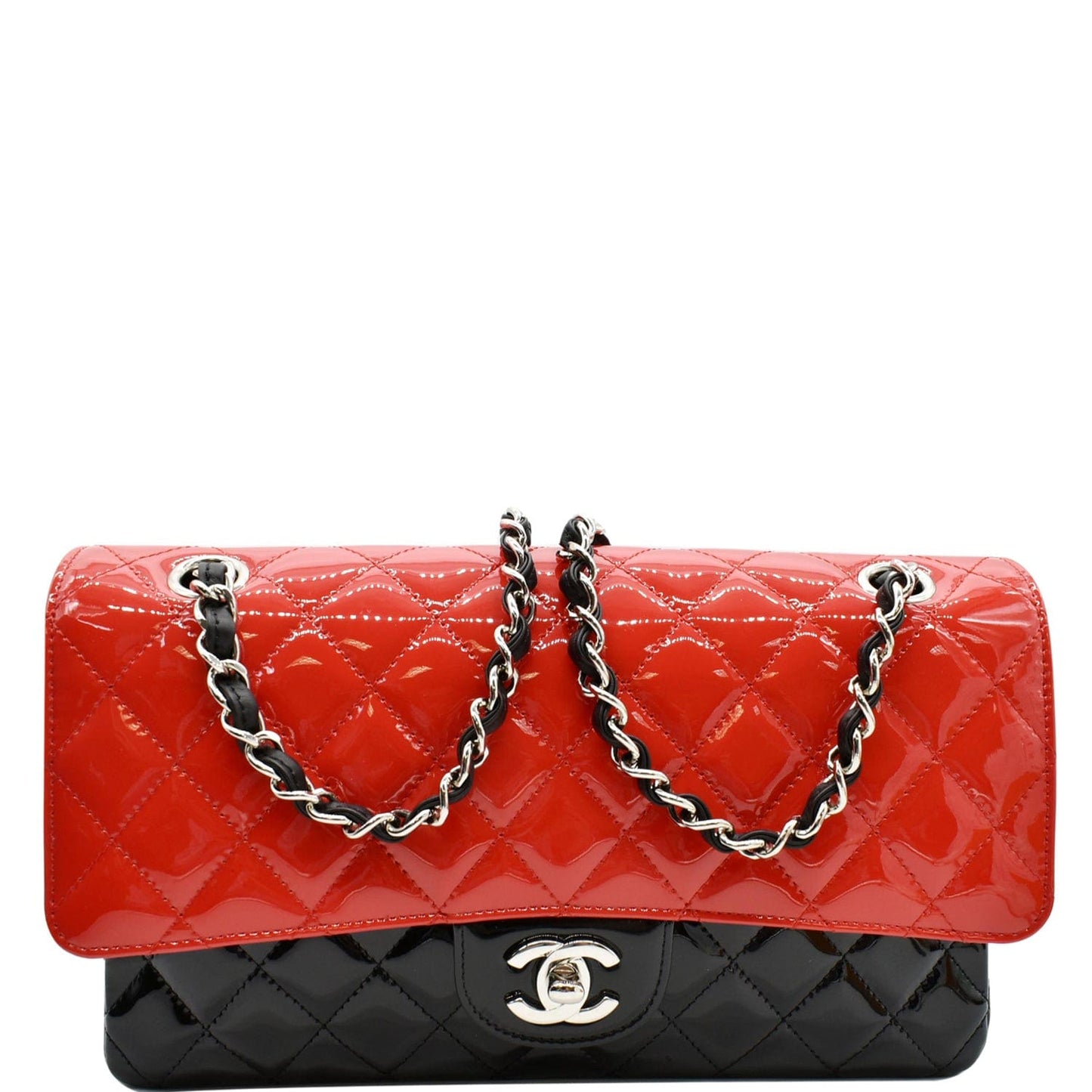 Luxury Chanel Medium Double Flap Quilted Patent Leather Shoulder Bag Black/Red
