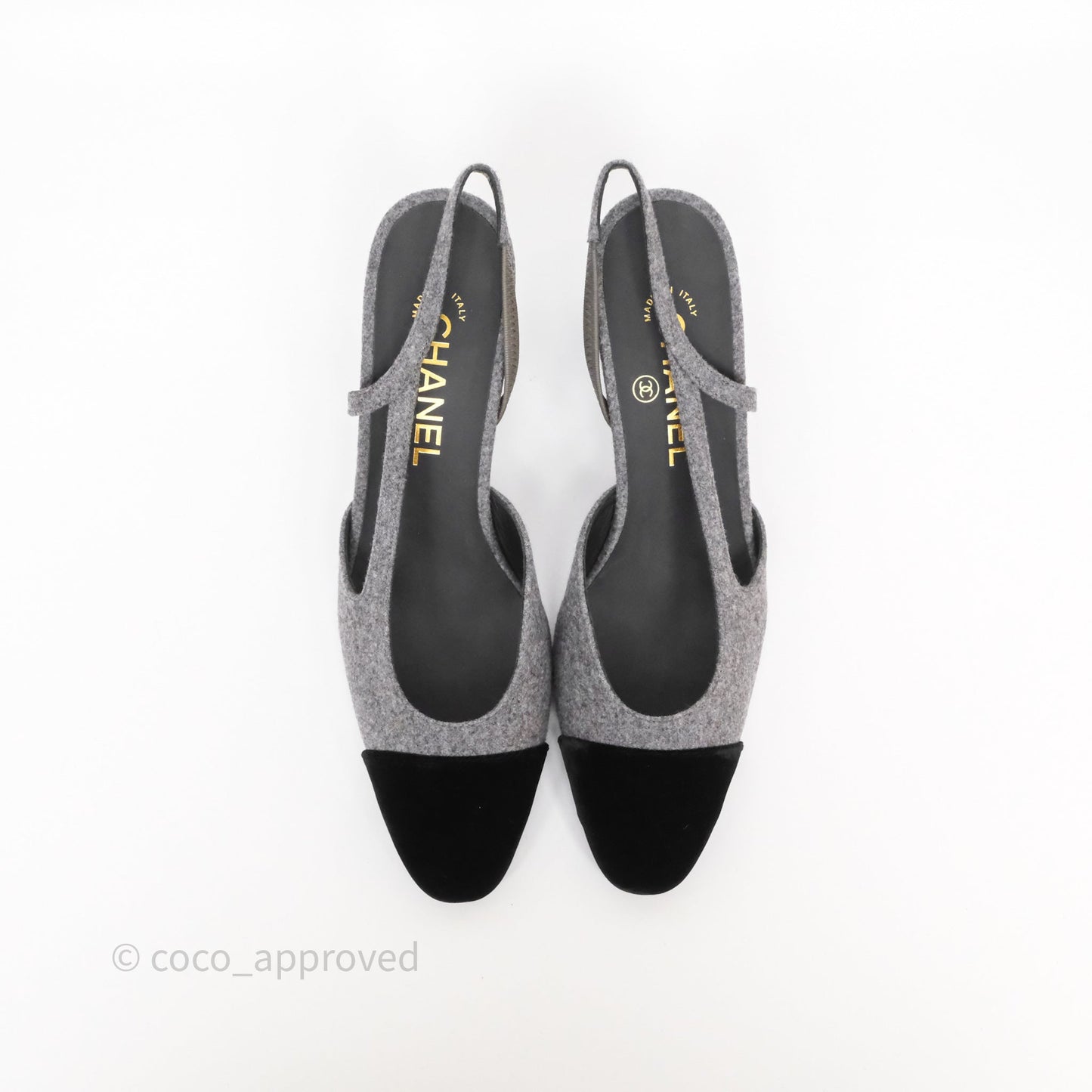 Chanel Slingbacks Heels Grey Felted/ Black Velvet Size 38