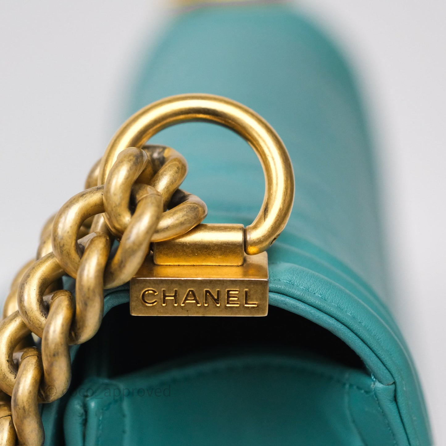 Chanel Medium Boy Quilted Turquoise Calfskin Aged Gold Hardware