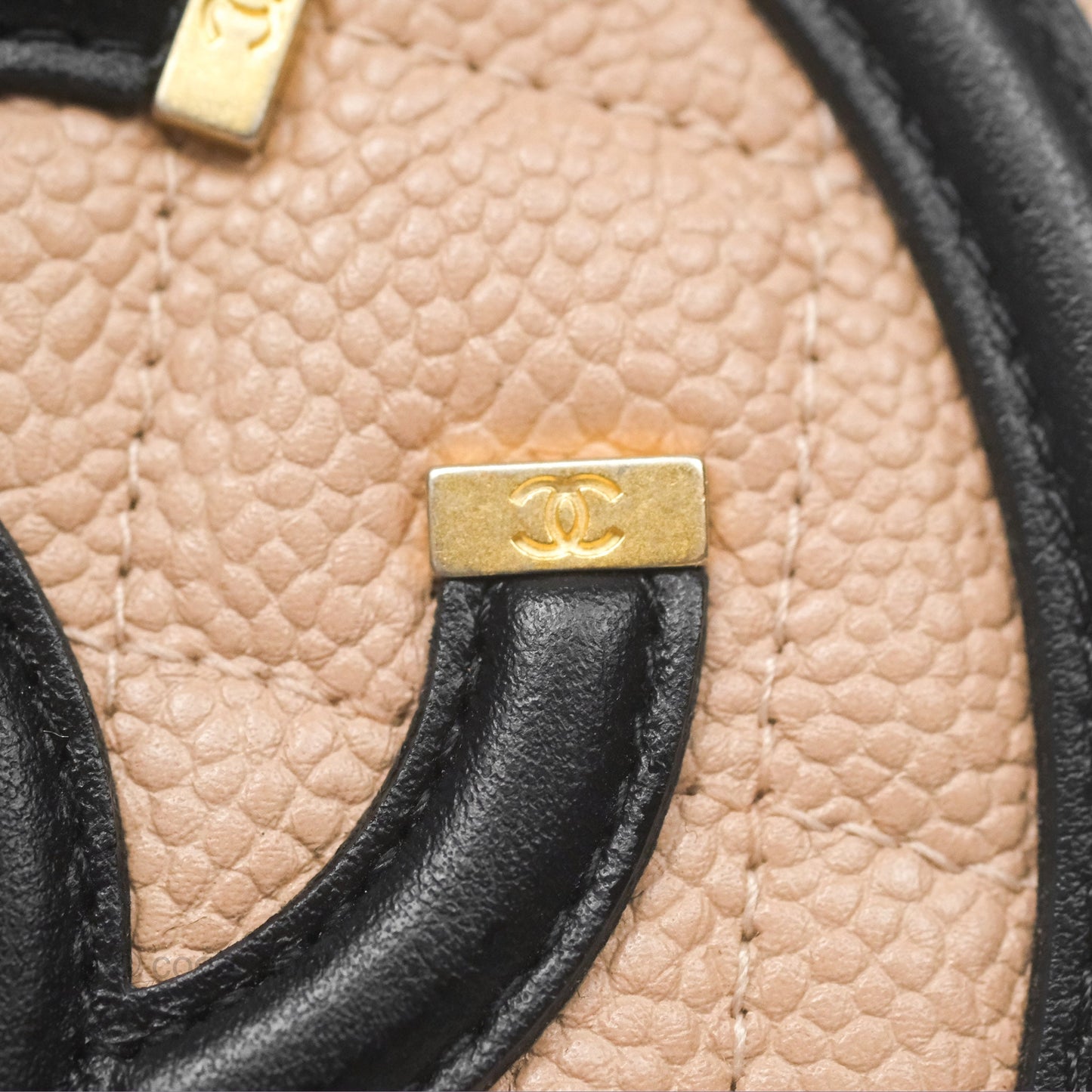 Chanel Quilted Round Filigree Clutch With Chain Beige Black Caviar Gold Hardware