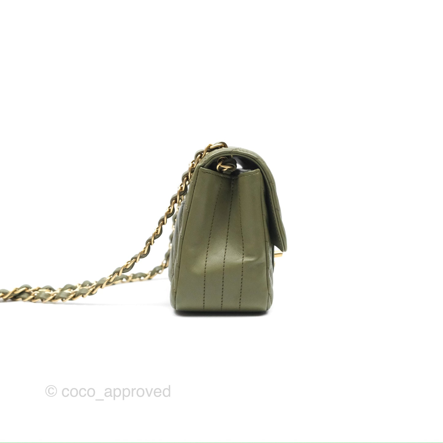 Chanel Mini Square Flap Chevron Olive Green Calfskin Gold Hardware