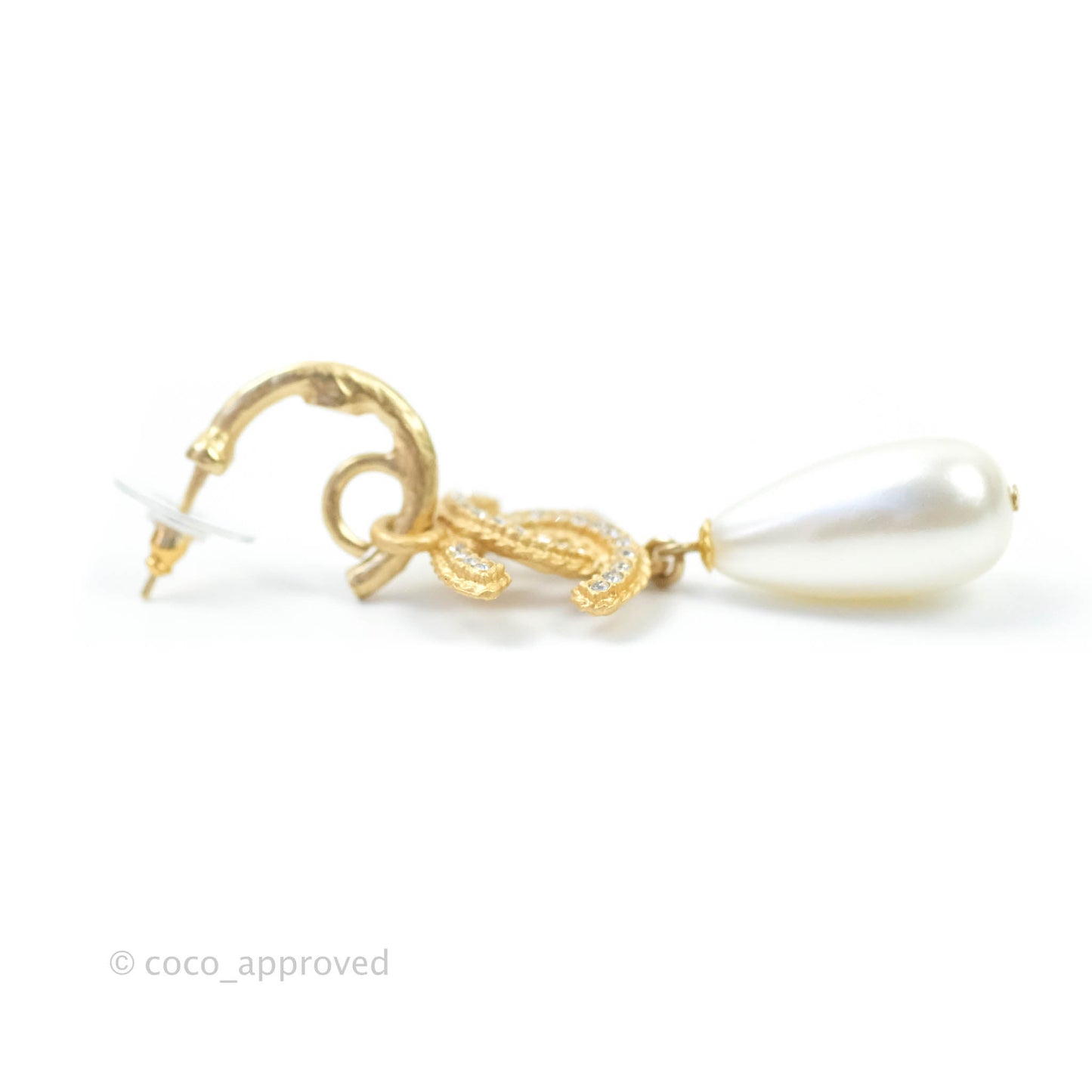 Chanel CC Crystal Pearl Drop Crystal Earrings Matte Gold Tone 20P