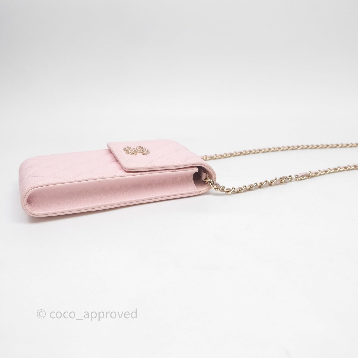 Chanel Quilted Crystal CC Pink Caviar Airpods Phone Case With Chain Light Gold Hardware
