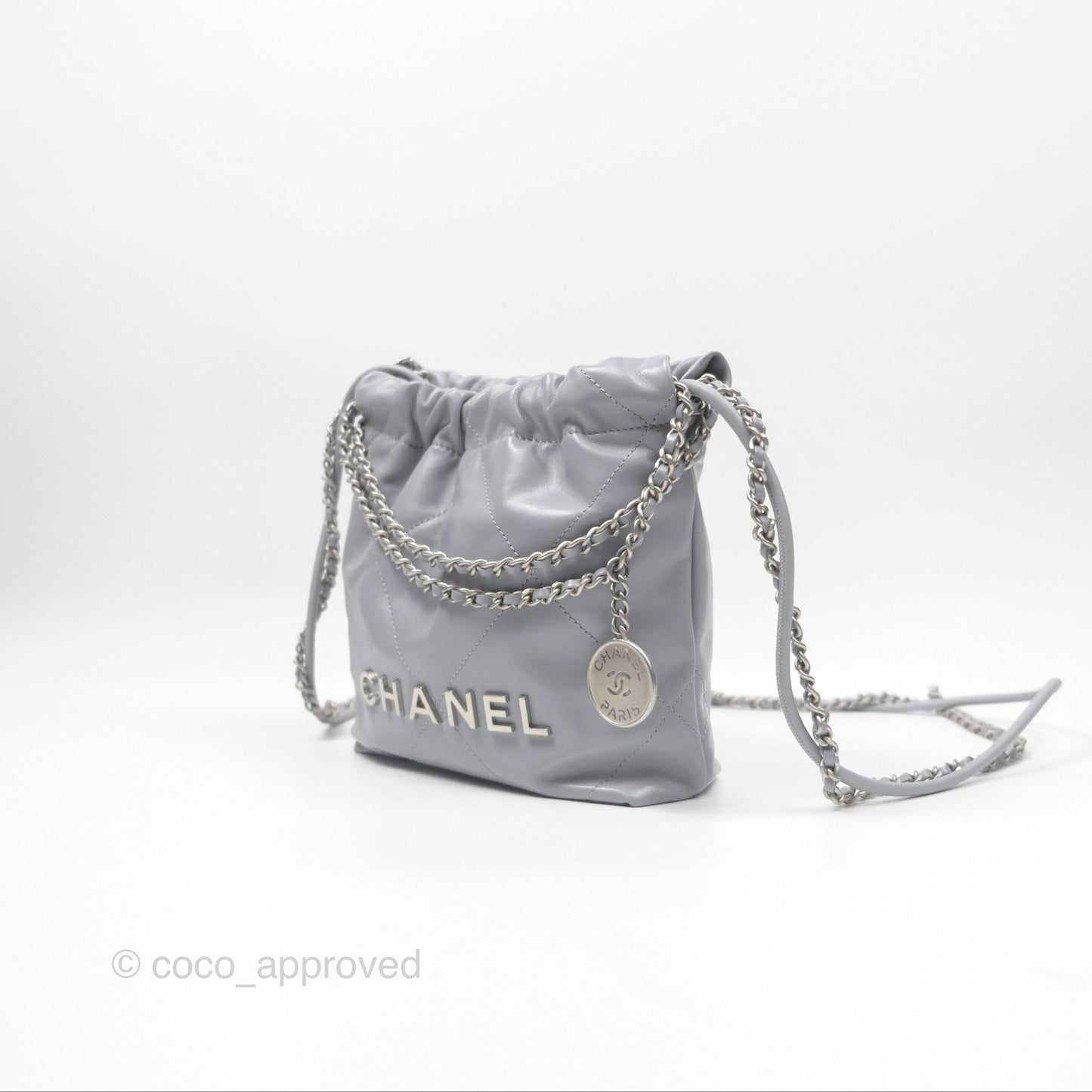Chanel 22 Mini Bag Light Grey Shiny Crumpled Calfskin Matte Silver Hardware