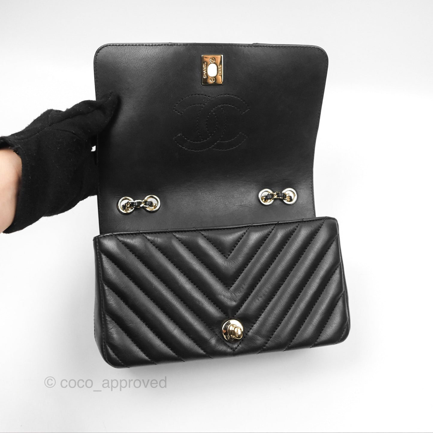 Chanel Small Statement Chevron Flap Bag Black Calfskin Gold Hardware