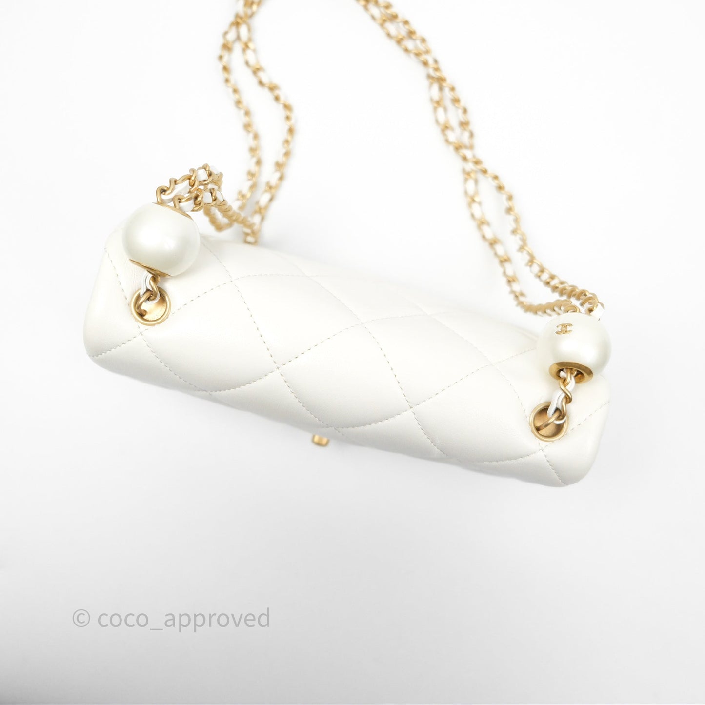 Chanel Quilted Double Pearl Adjustable Chain Flap Bag White Lambskin Aged Gold Hardware 24S