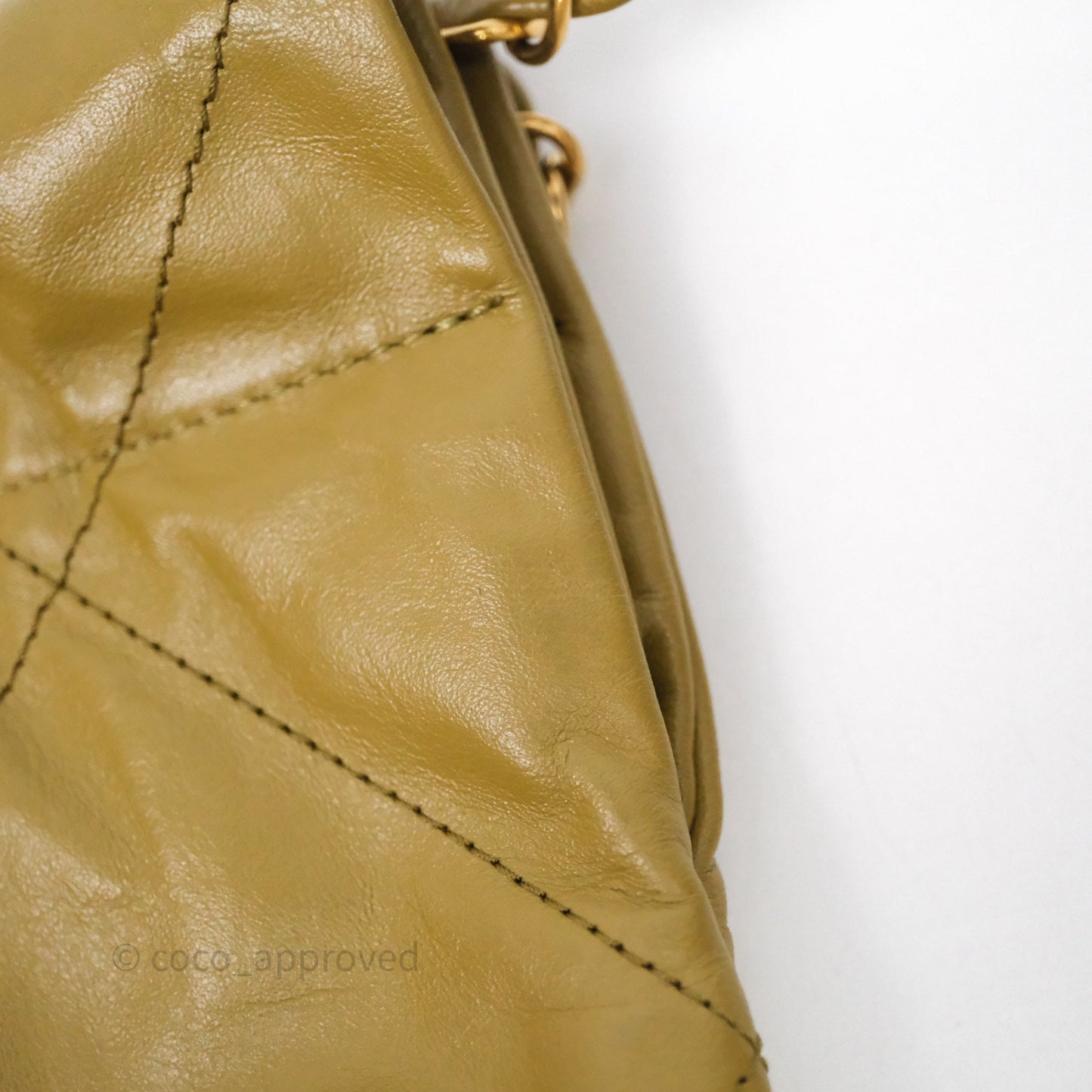 Chanel 22 Bag Medium Crumpled Olive Green Calfskin Aged Gold Hardware