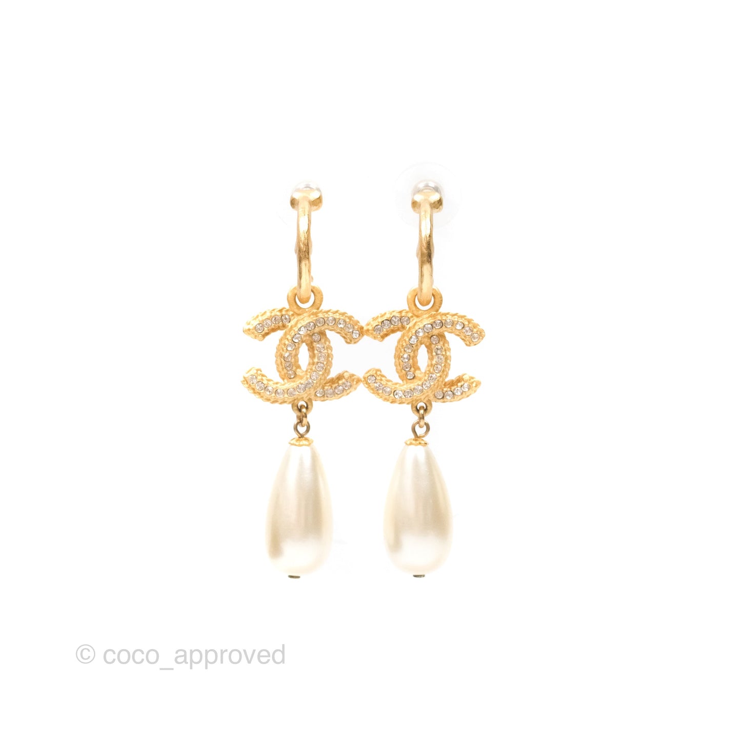 Chanel CC Crystal Pearl Drop Crystal Earrings Matte Gold Tone 20P