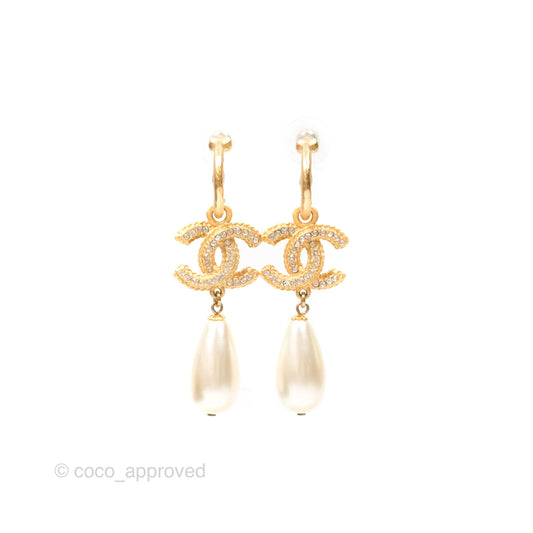 Chanel CC Crystal Pearl Drop Crystal Earrings Matte Gold Tone 20P