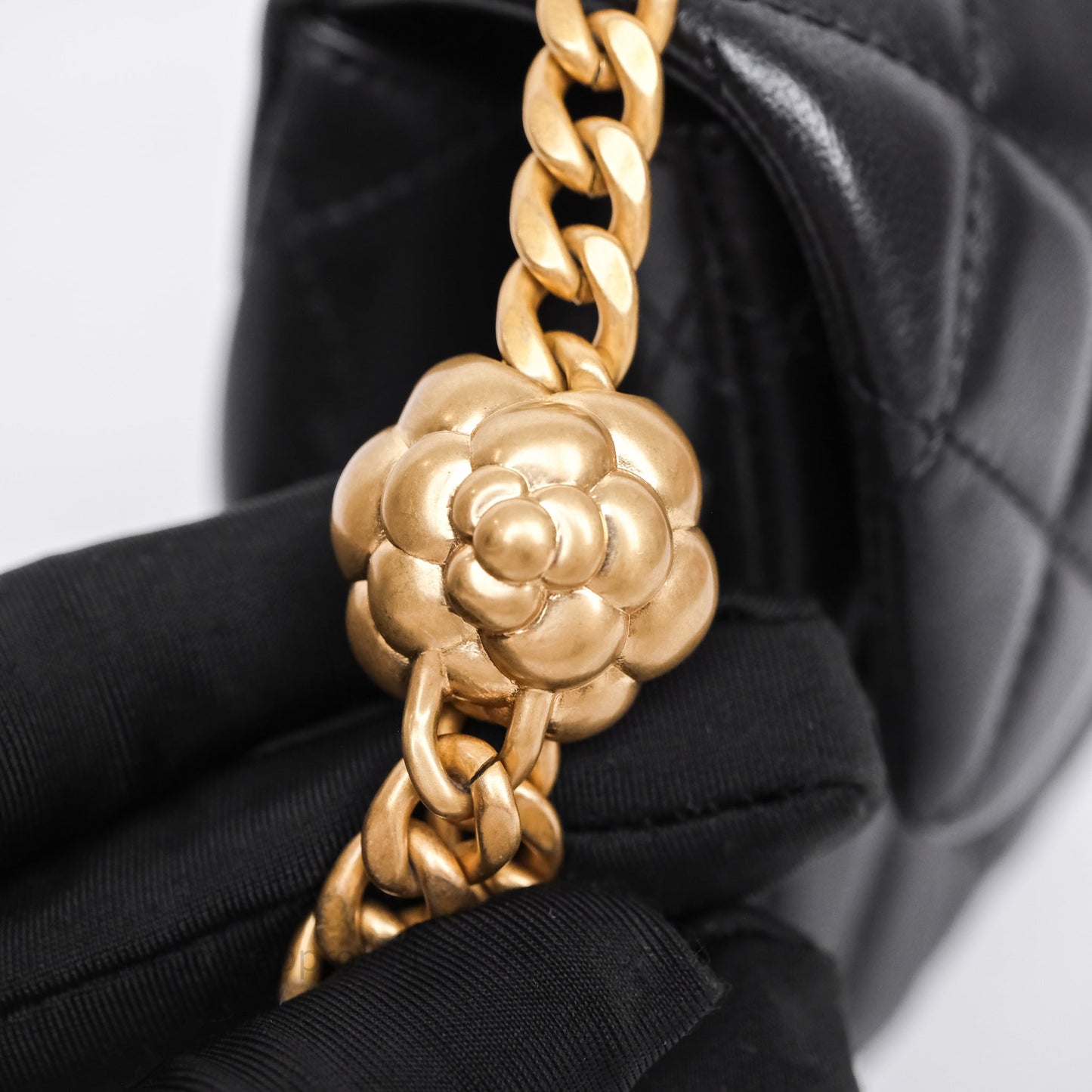 Chanel Mini Rectangular Flap with Camellia Adjustable Chain Black Lambskin Aged Gold Hardware