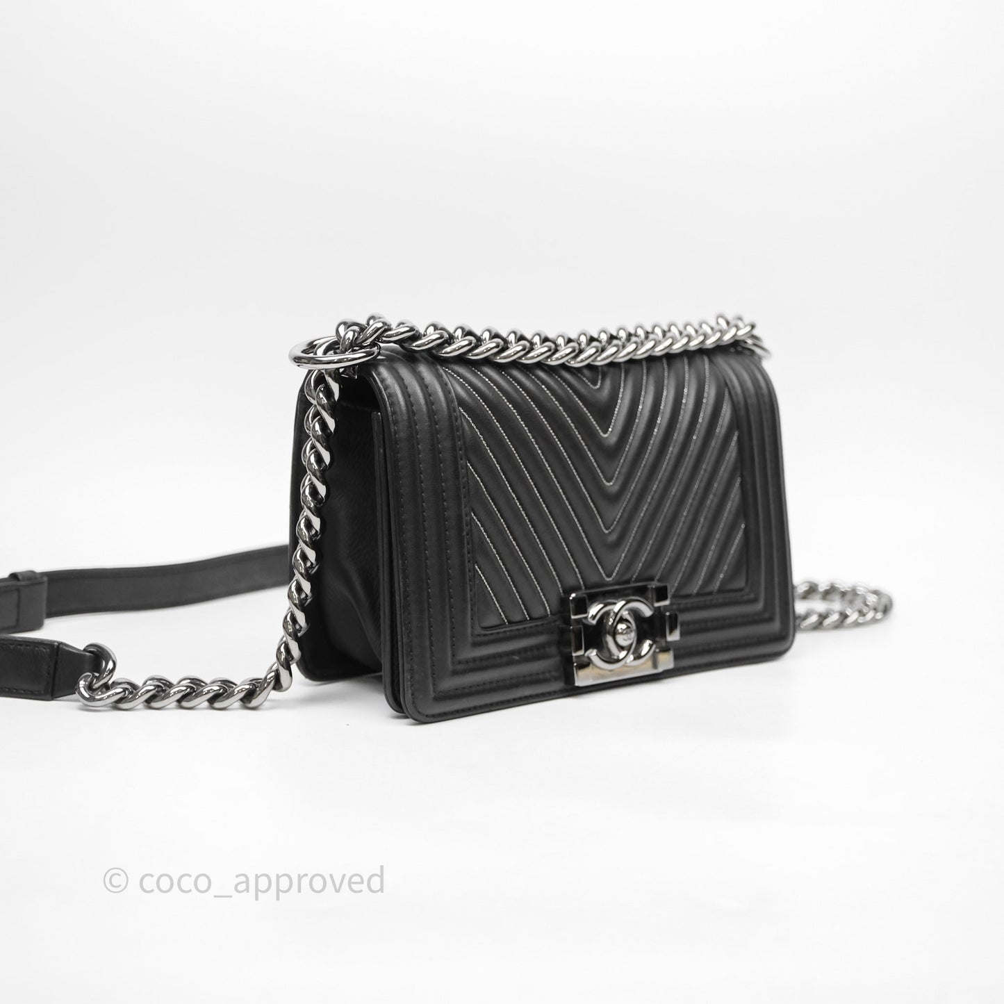 Chanel Small Boy Beaded Chevron Black Lambskin Silver Hardware