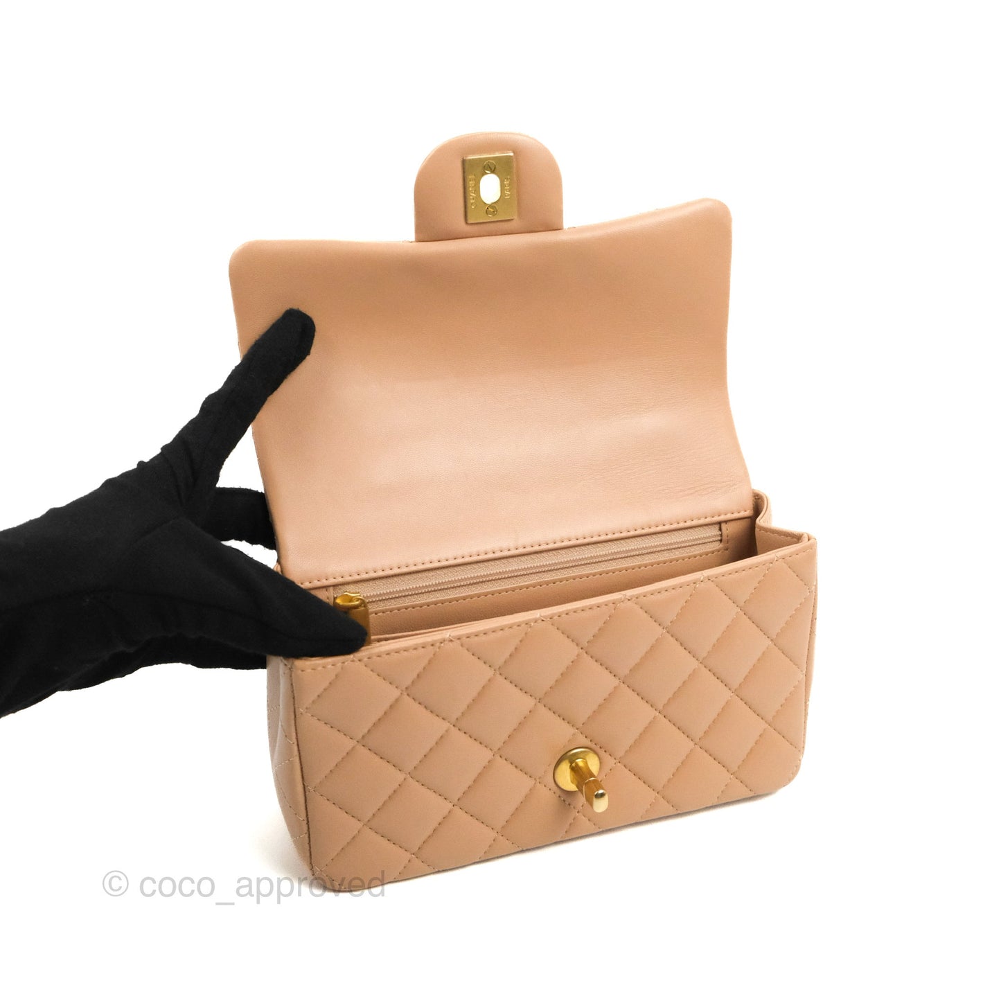 Chanel Top Handle Mini Rectangular Flap Bag Beige Lambskin Gold Hardware