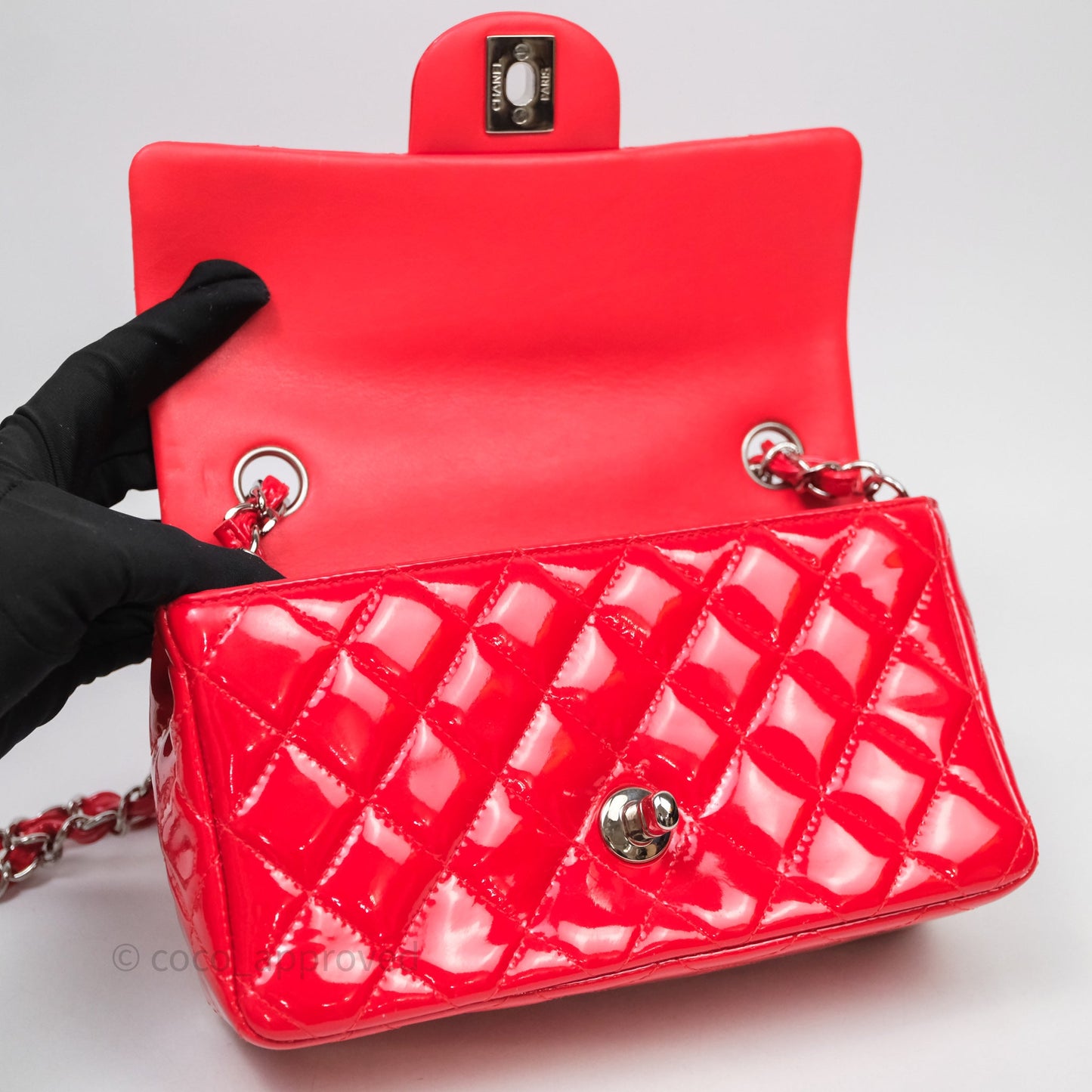 Chanel Mini Rectangular Quilted Red Patent Silver Hardware