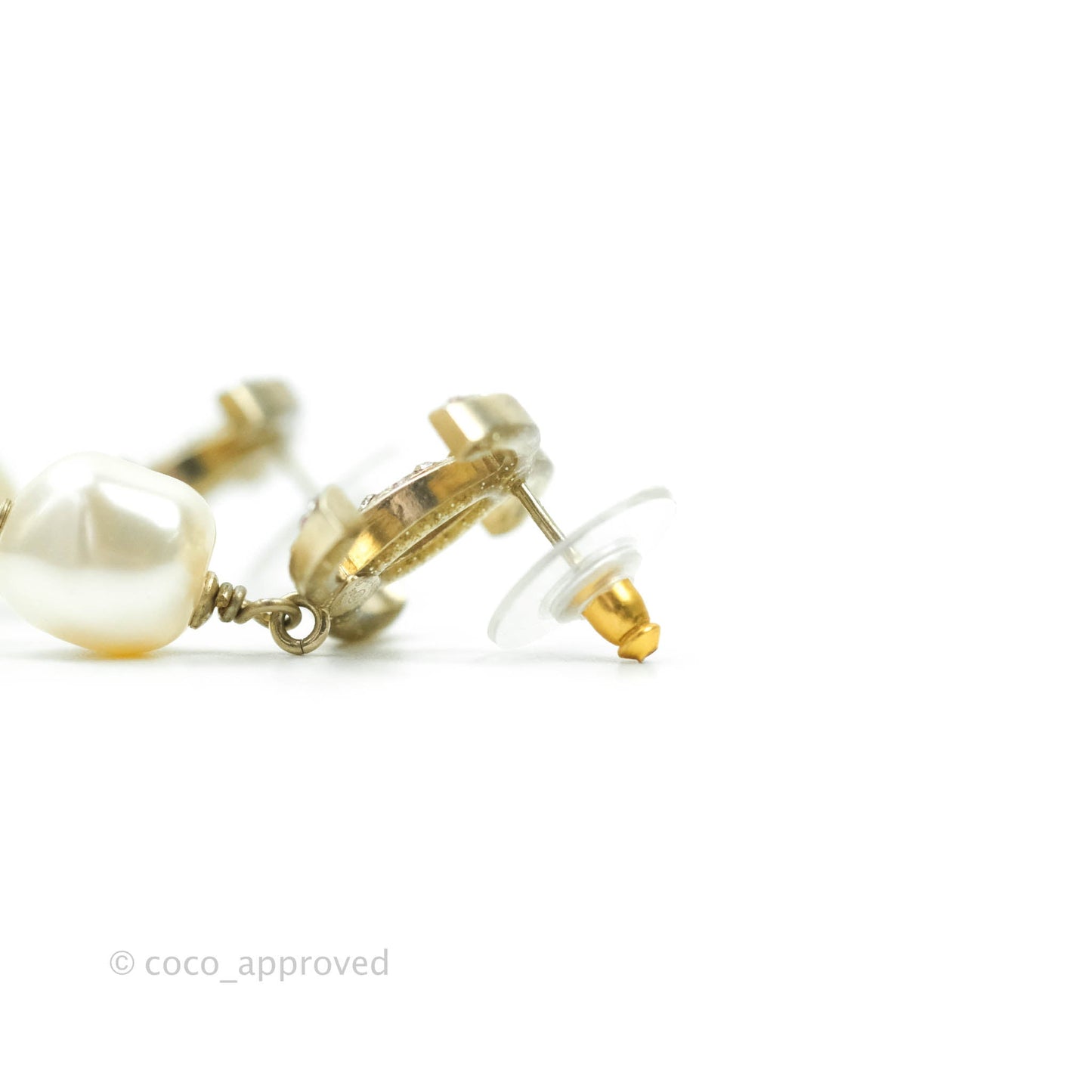 Chanel CC Crystal Drop Pearl Earrings Gold Tone 12A