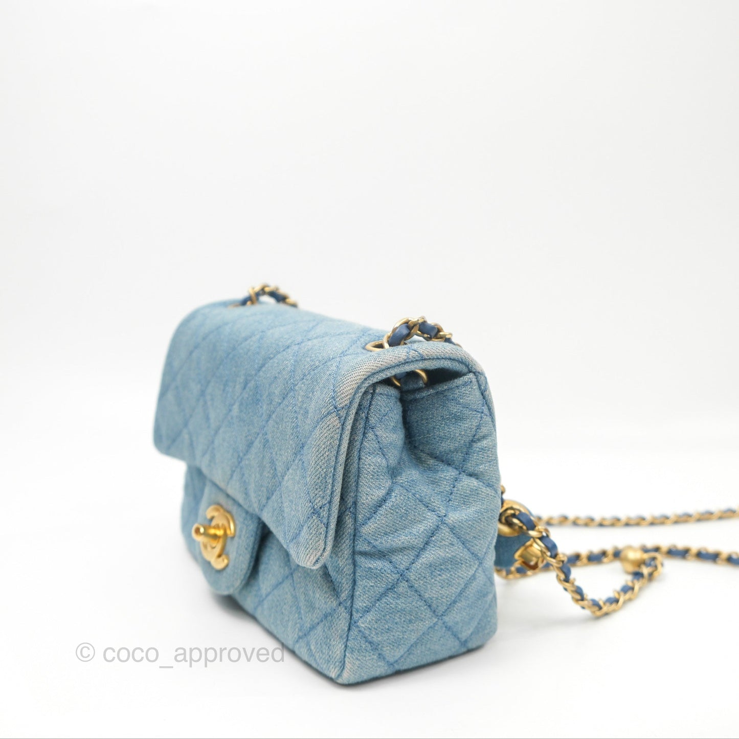 Chanel Mini Square Pearl Crush Quilted Denim Aged Gold Hardware