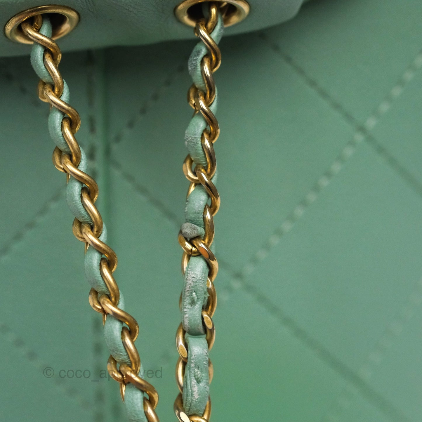 Chanel Drawstring Bucket Bag Quilted Green Caviar Aged Gold Hardware
