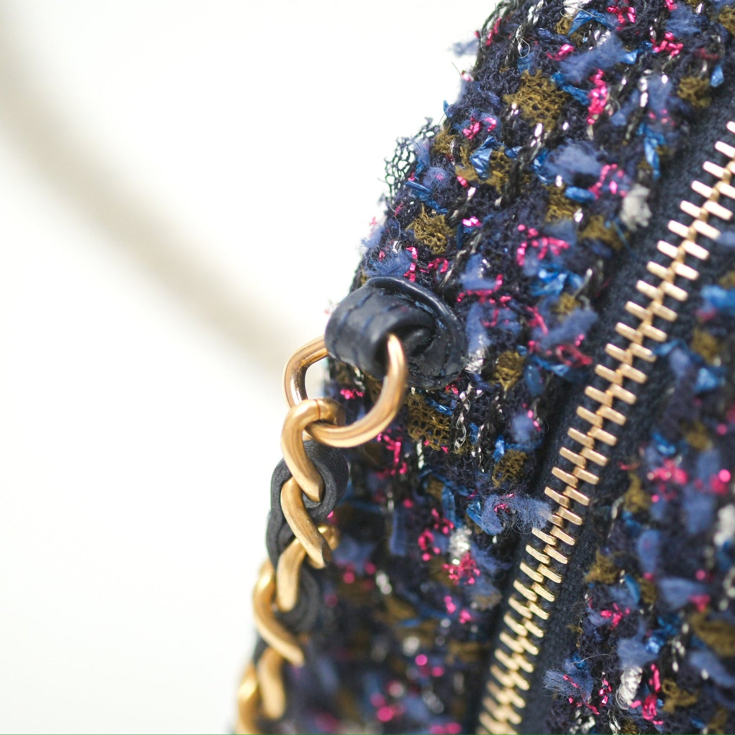 Chanel Classic Quilted Round Clutch With Chain Navy Tweed Gold Hardware