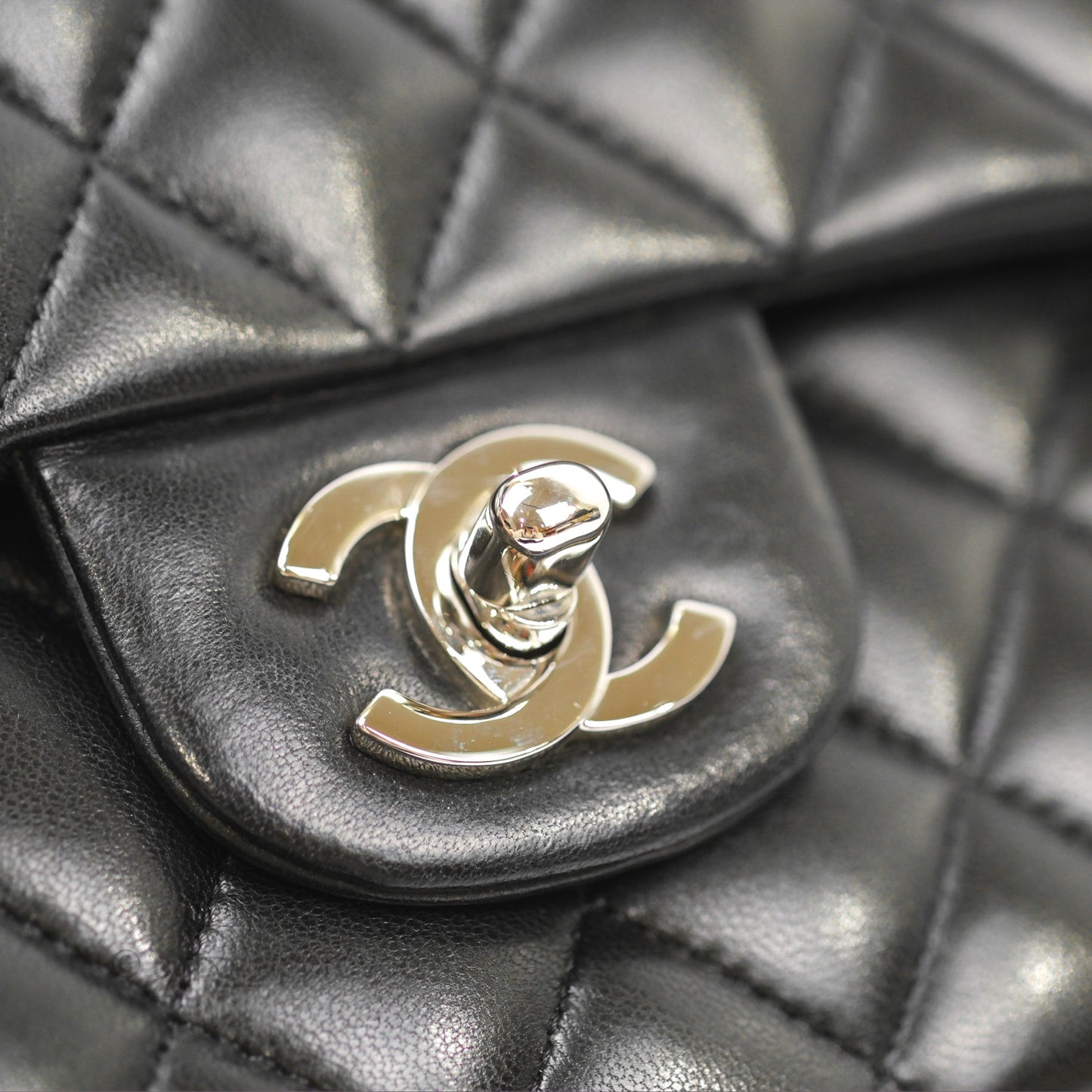 Chanel Classic M/L Medium Flap Quilted Black Lambskin Silver Hardware