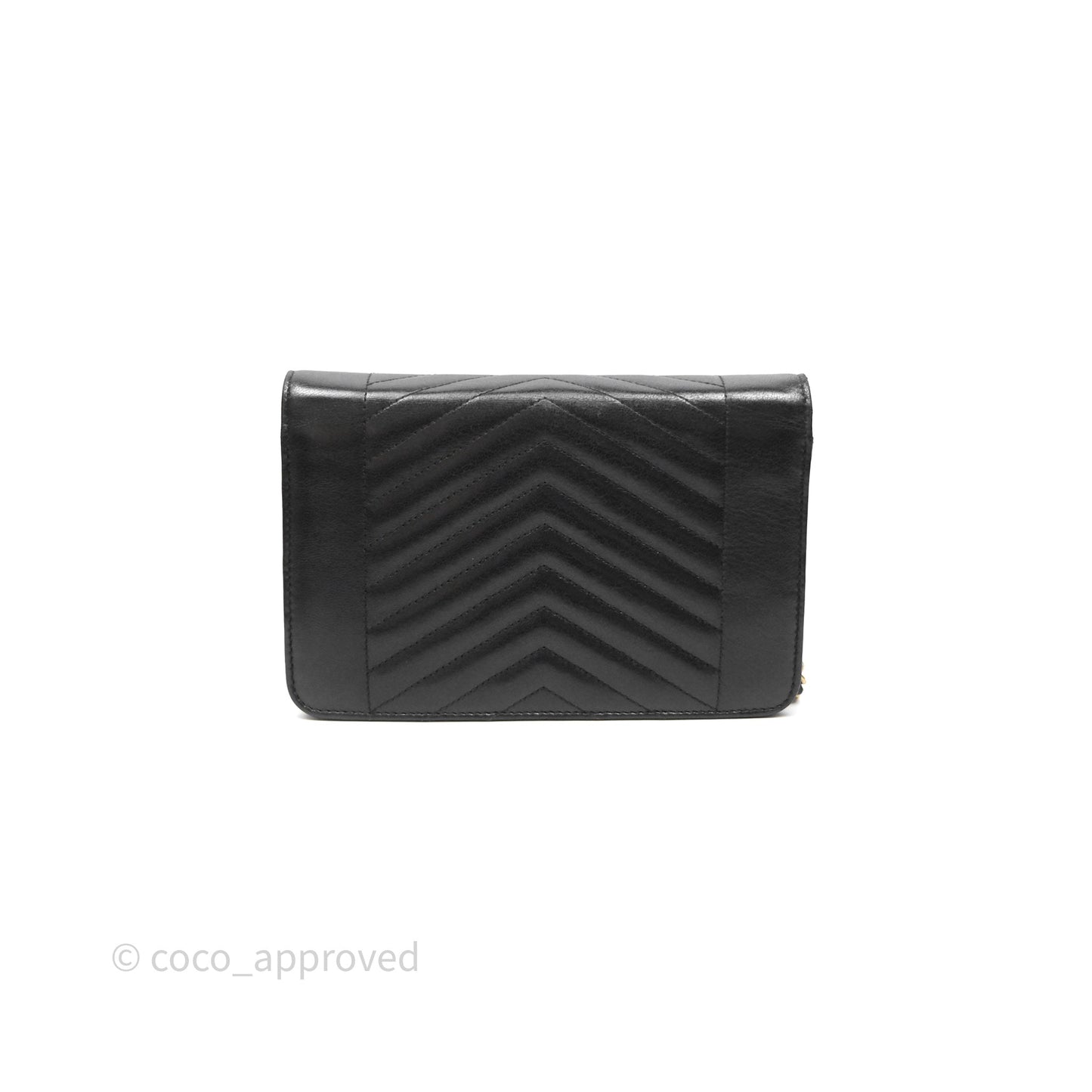 Chanel Reversed Chevron Wallet On Chain WOC Black Lambskin Aged Gold Hardware