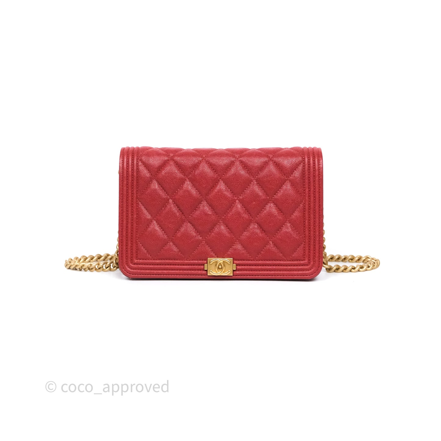 Chanel Boy Wallet on Chain WOC Red Caviar Aged Gold Hardware