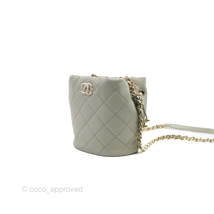 Chanel Quilted Drawstring Bucket Bag Grey Lambskin Gold Hardware 22C
