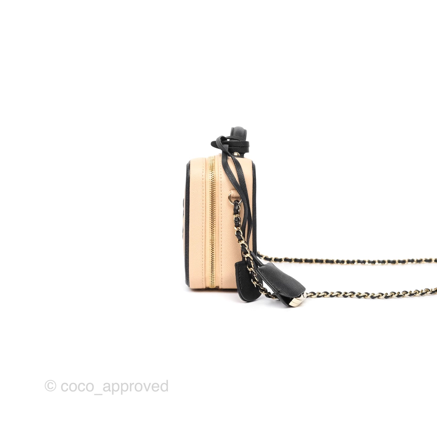 Chanel Quilted Small CC Filigree Vanity Case Black Beige Caviar Gold Hardware