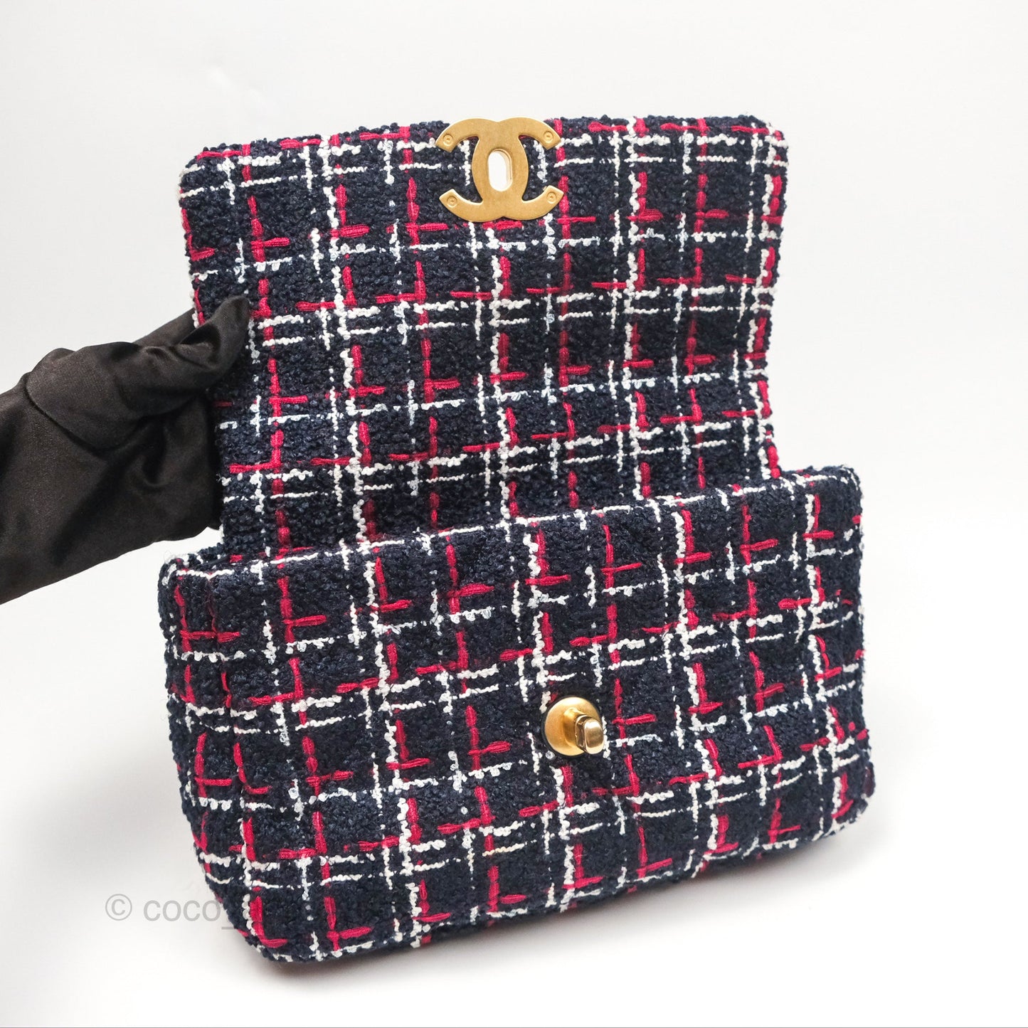 Chanel 19 Small Navy Grid Tweed Mixed Hardware