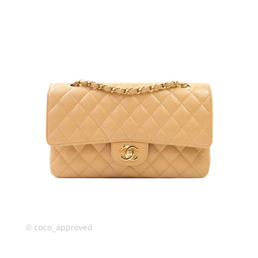 Chanel Classic M/L Medium Double Flap Dark Beige Caviar 24K Gold Hardware
