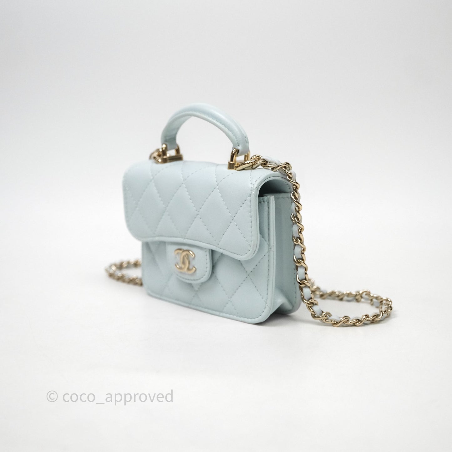 Chanel Mini Handle Flap Coin Purse With Chain Light Blue Lambskin Gold Hardware