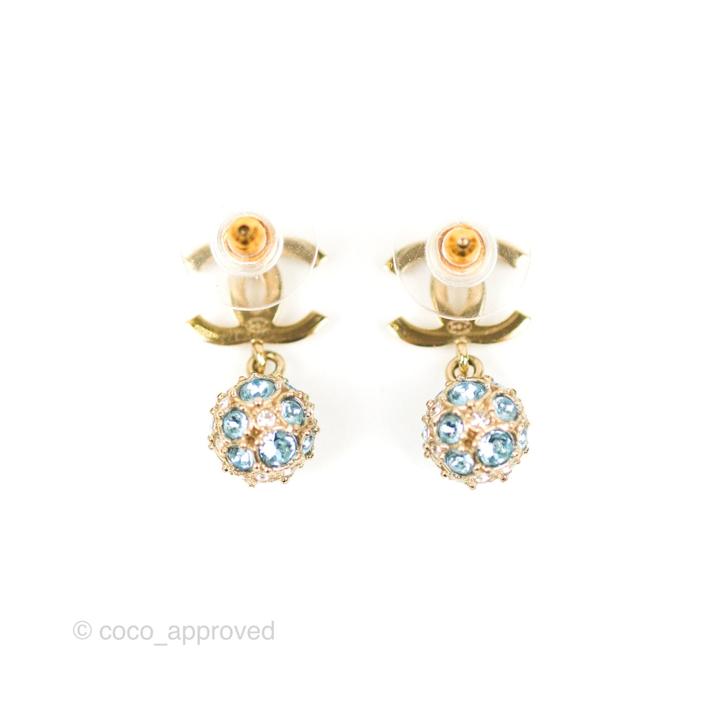 Chanel CC Blue Crystal Drop Earrings Gold Tone 20V
