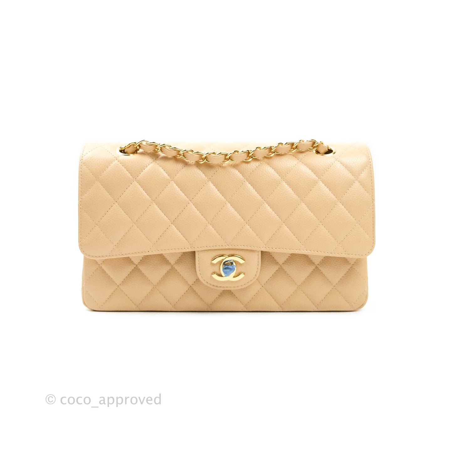 Chanel M/L Medium Quilted Caviar Double Flap Beige Gold Hardware