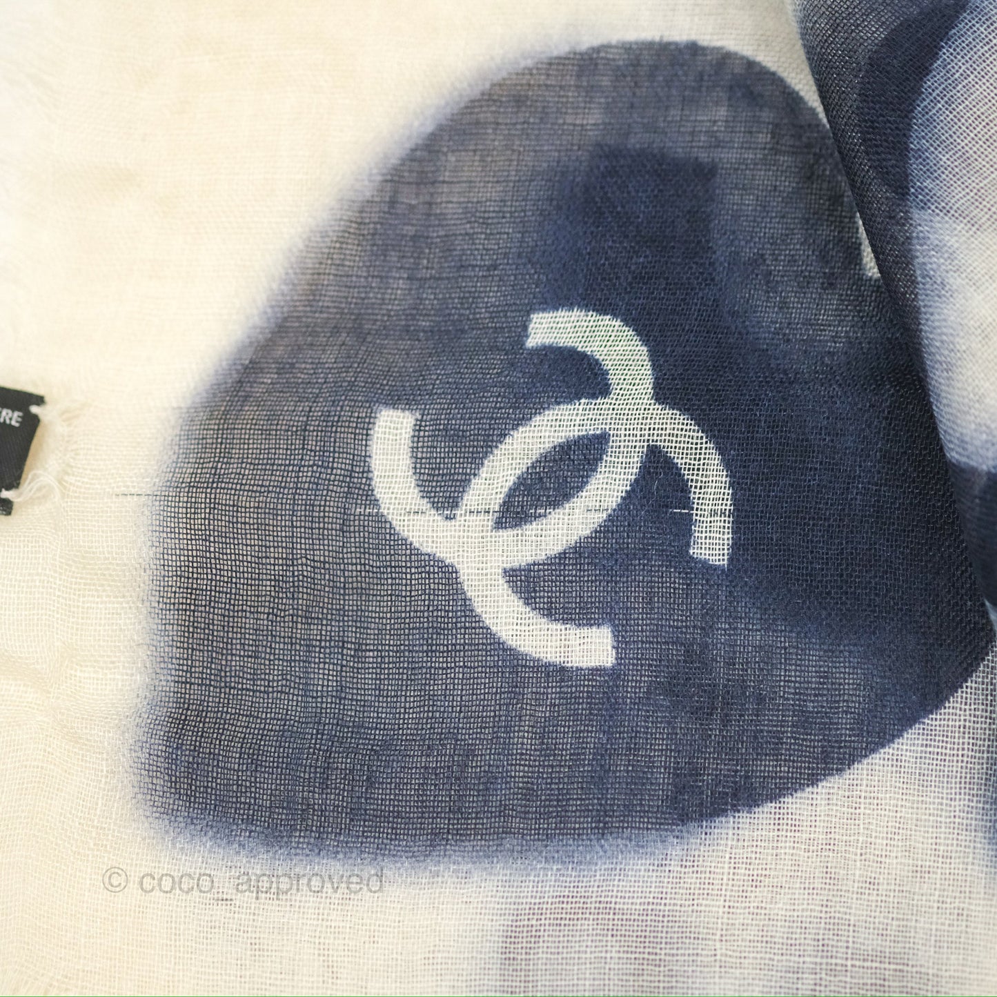 Chanel Square Cashmere Silk Scarf 140 Navy/White