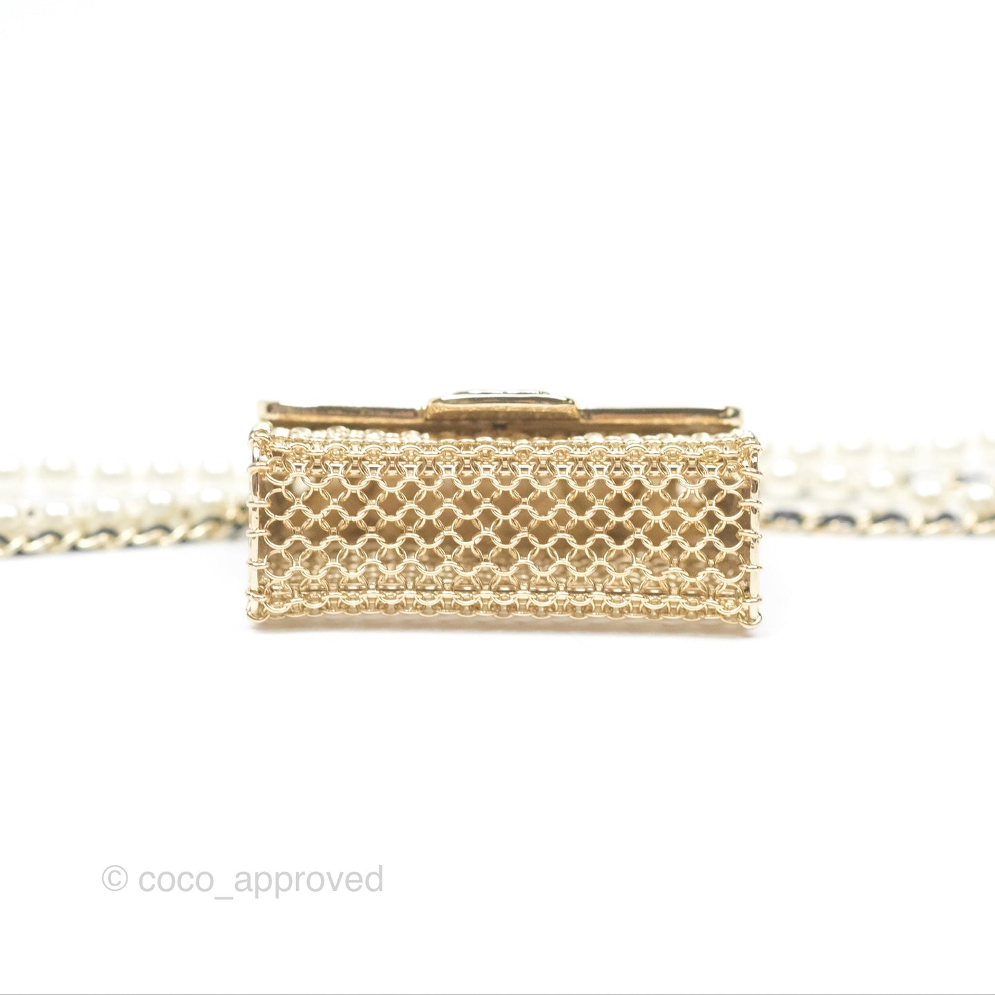 Chanel Flap Bag Charm Pearl Chain Black Leather Long Necklace Gold Tone 21S