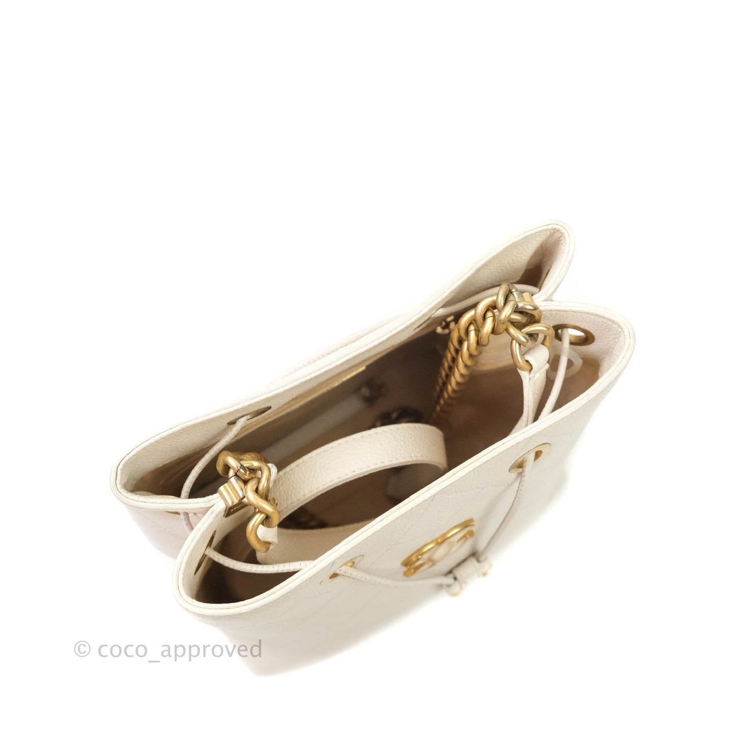 Chanel Grained Calfskin Ivory Drawstring Bucket Bag Aged Gold Hardware