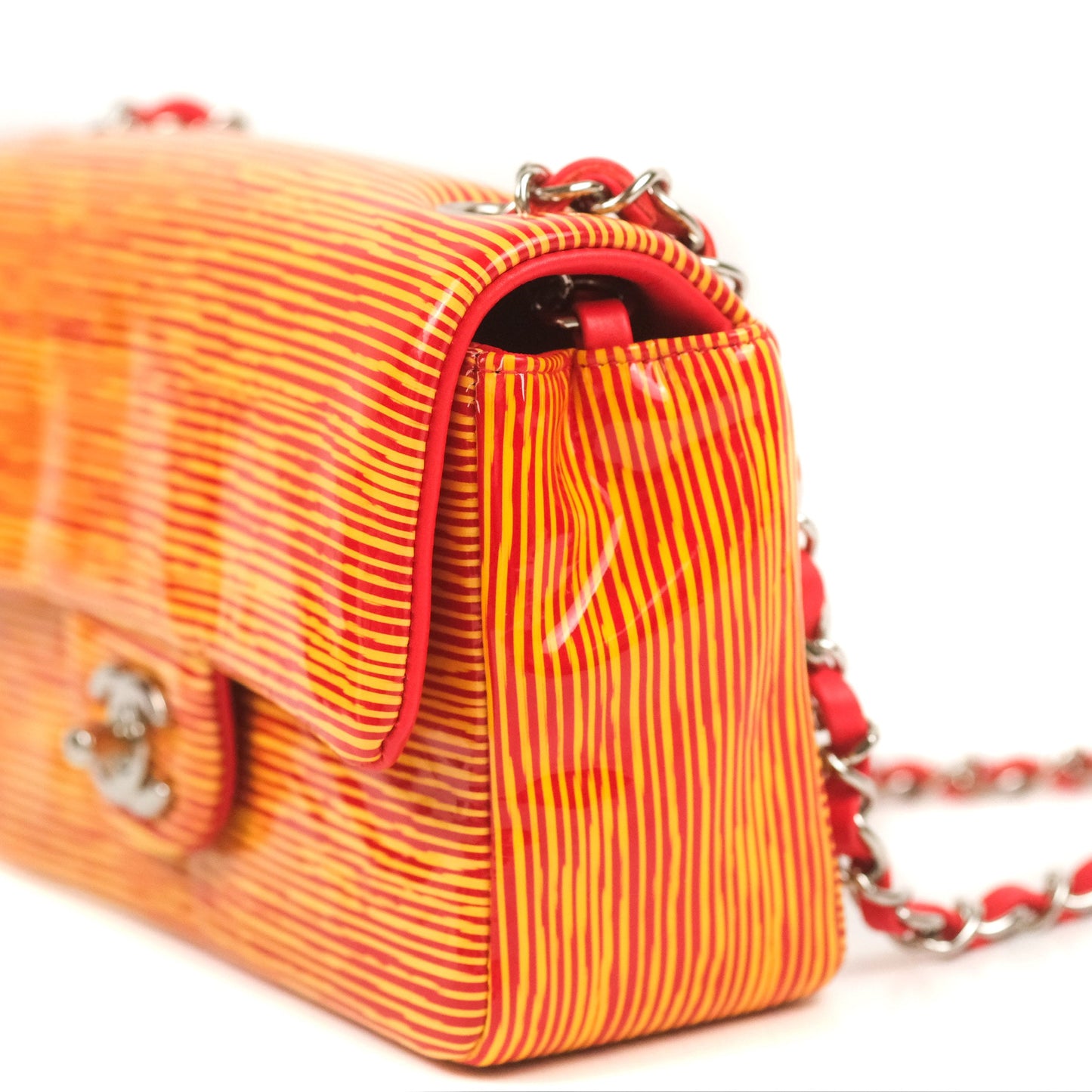 Chanel Mini Rectangular Flap Bag Orange Red Striped Patent Silver Hardware
