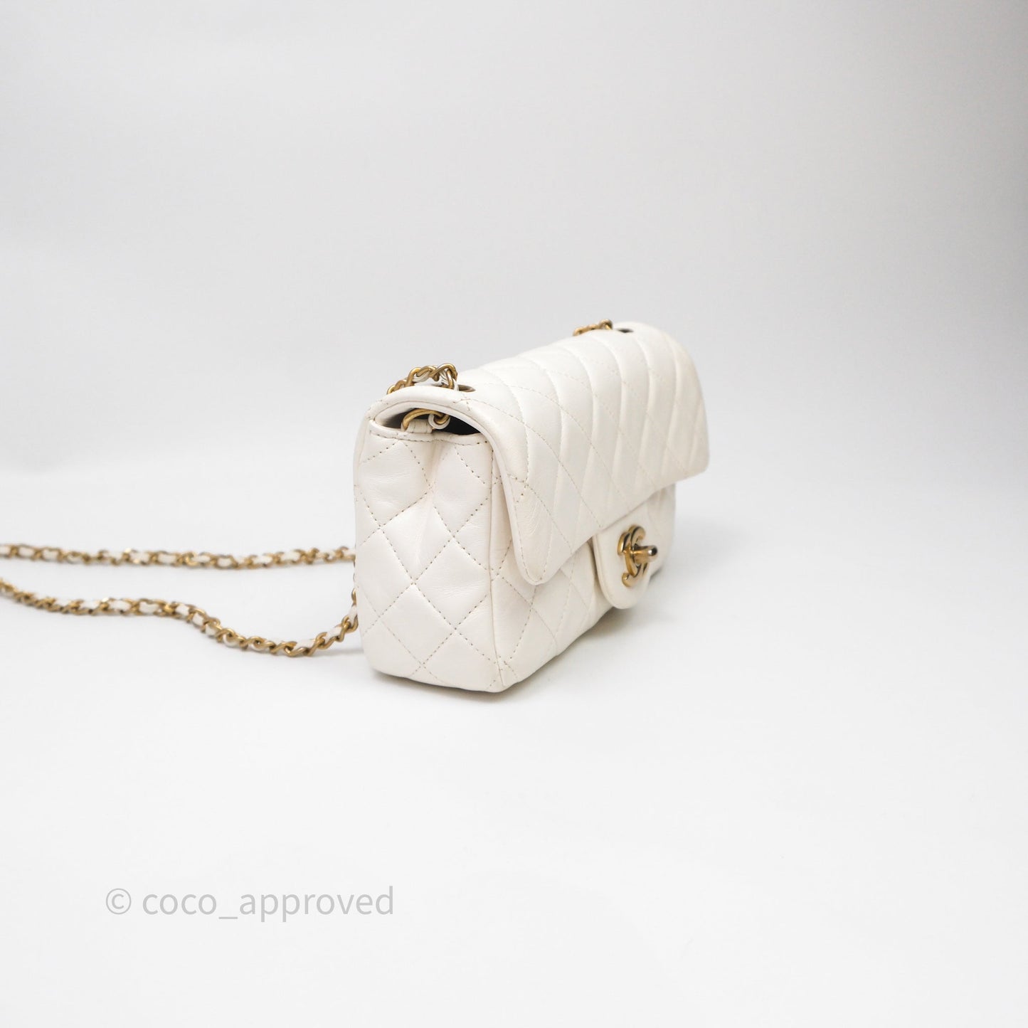 Chanel Mini Rectangular Pearl Crush Quilted White Lambskin Aged Gold Hardware