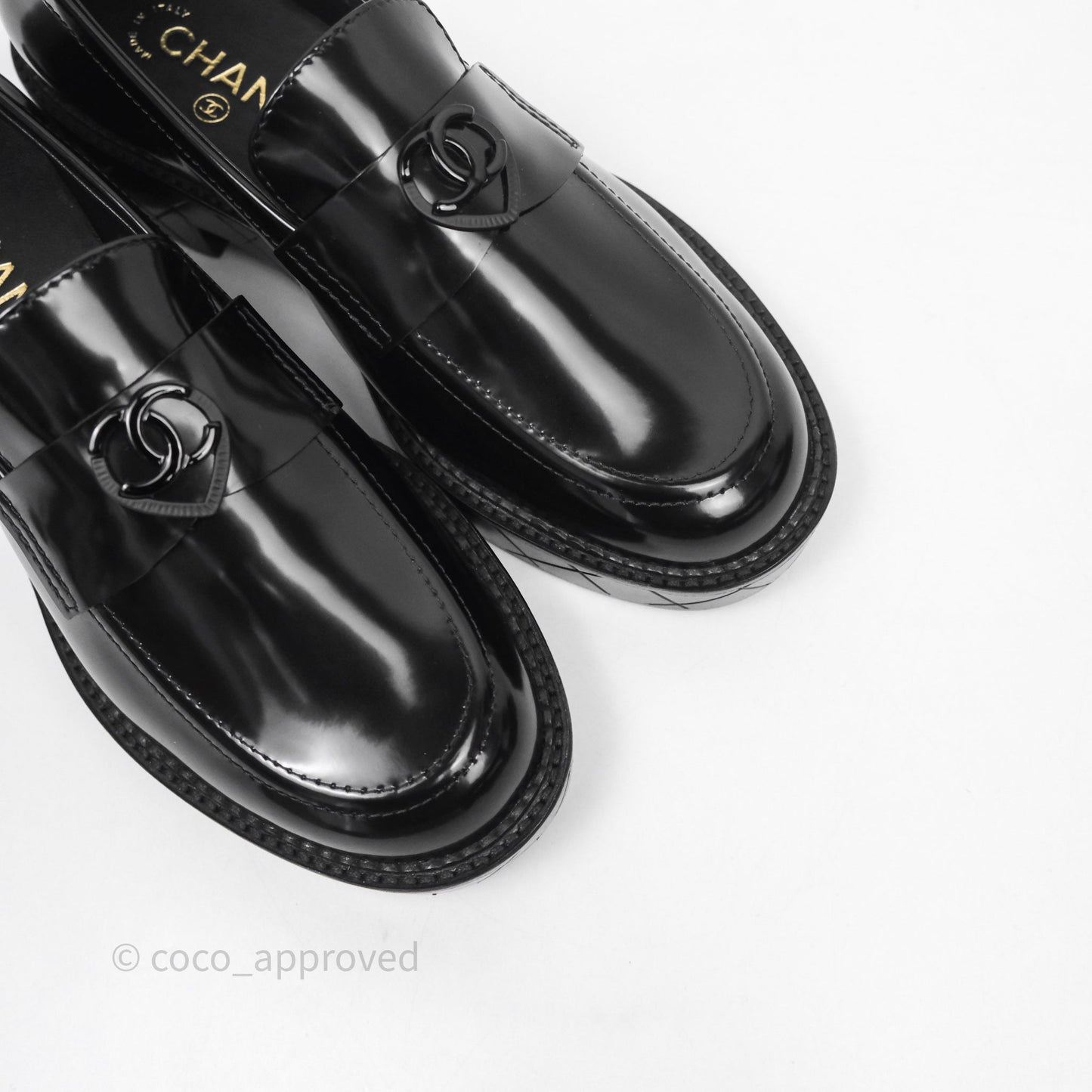 Chanel Shiny Calfskin So Black CC Mocassin Loafers Size 38.5