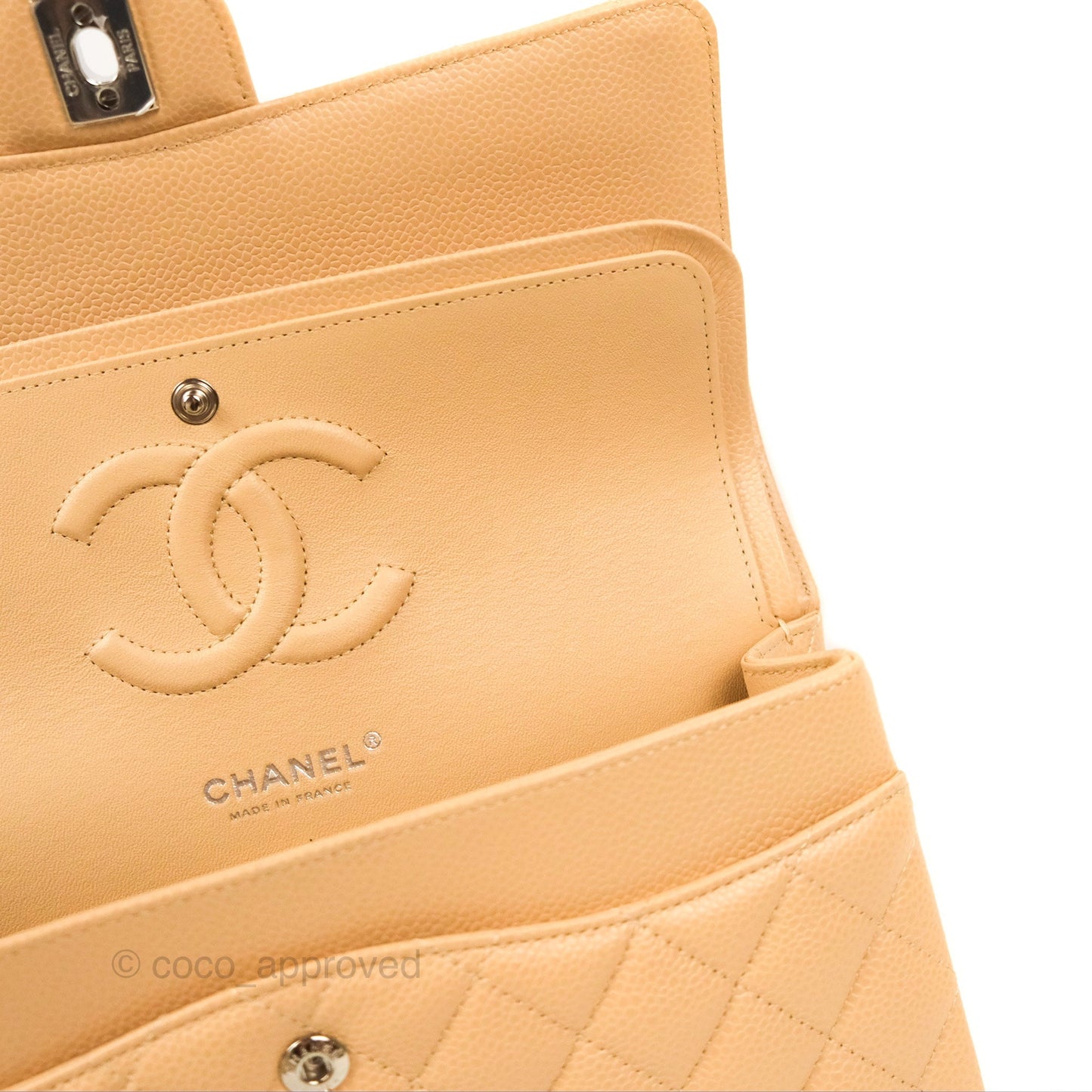 Chanel Classic M/L Medium Flap Quilted Beige Caviar Silver Hardware