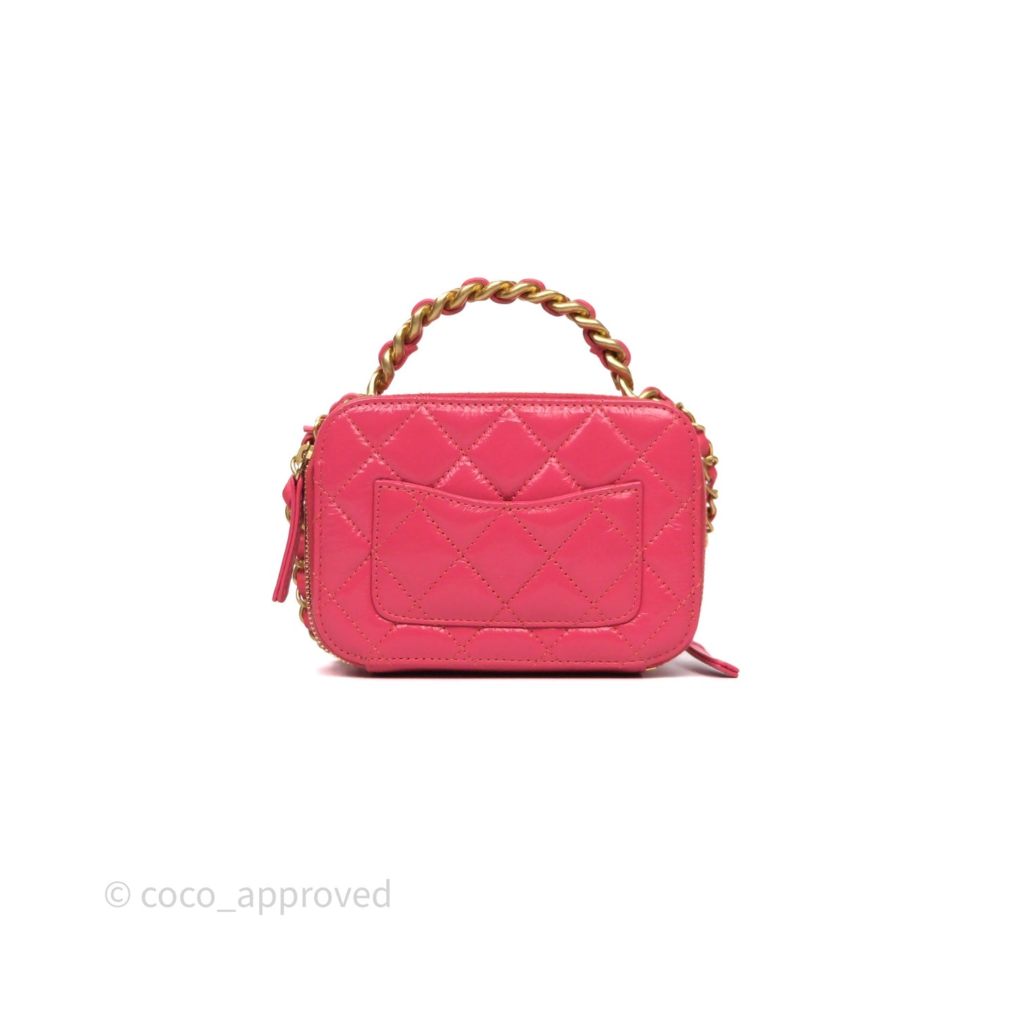 Chanel Small Top Handle Vanity Case Hot Pink Shiny Crumpled Calfskin Aged Gold Hardware